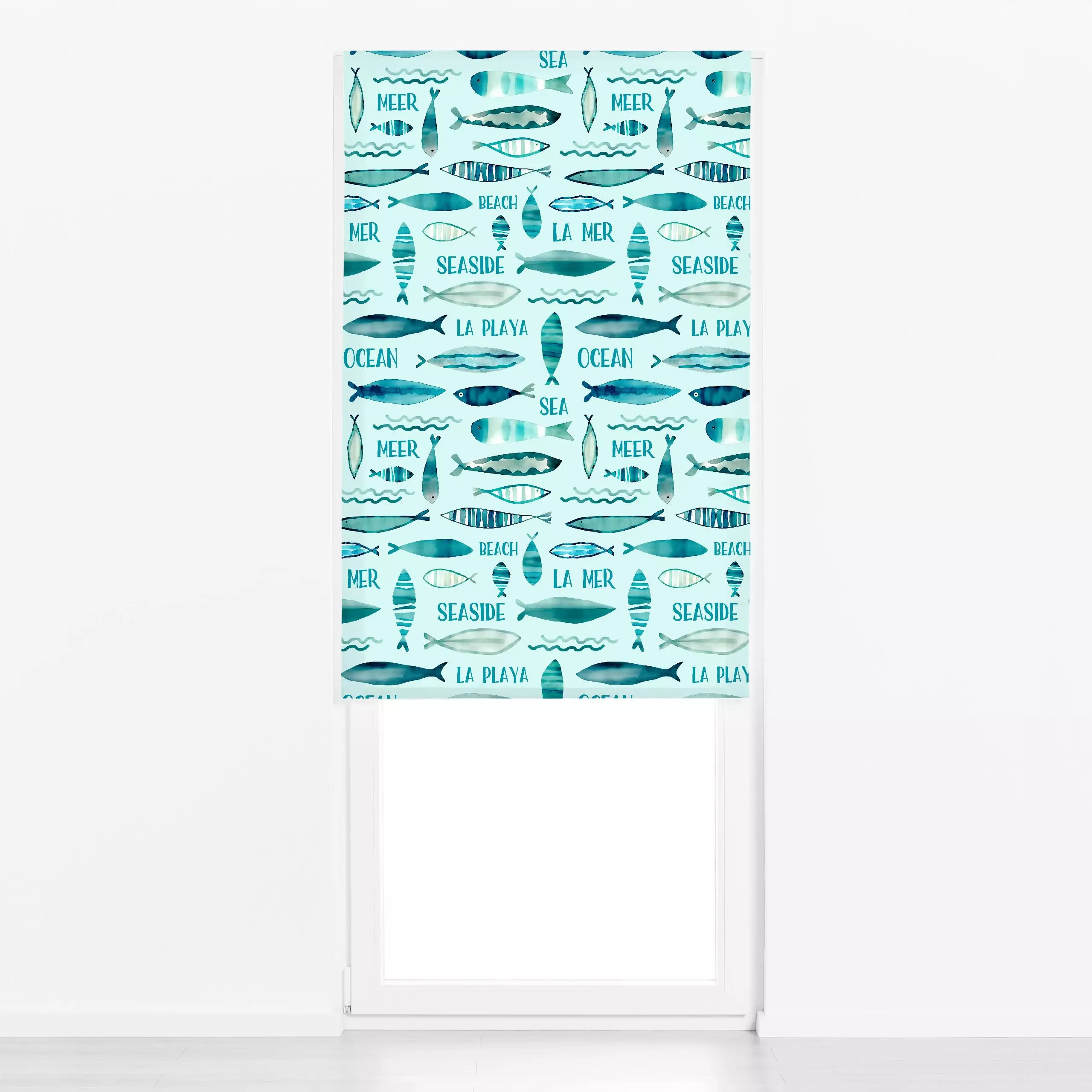 Raffrollo Down By The Sea turquoise II - Sommer, Tiere, Sprüche & Schriftzüge - von „Andrea Haase"; Meer, Strand, Fische, Ur...