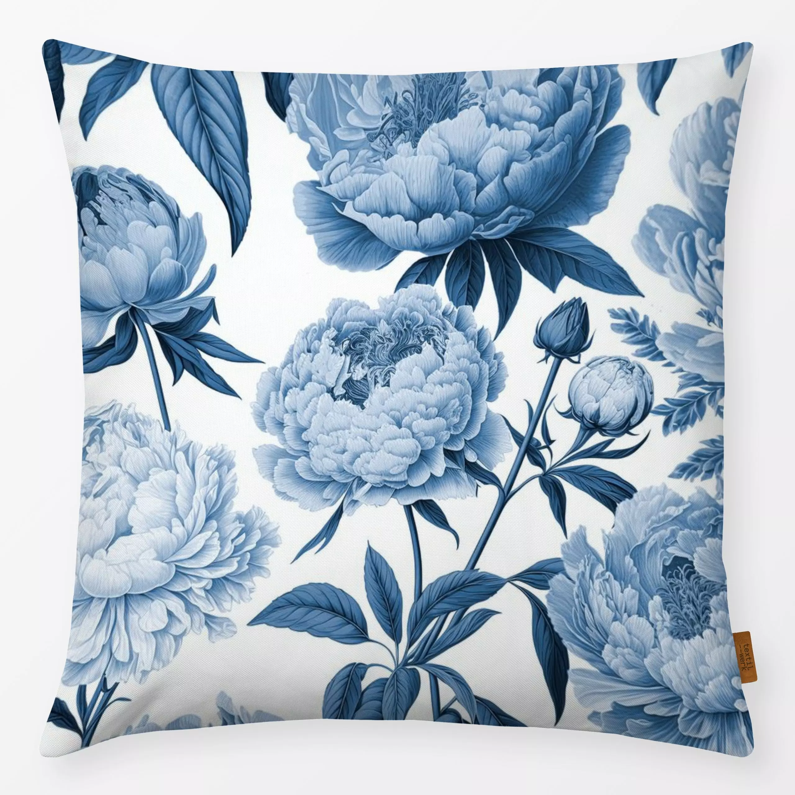Kissen Peony Romance blue - Blumen & Florales, Frühling - von „Andrea Haase"; Natur, Blumen, Pfingstrosen, floral, blau, vin...