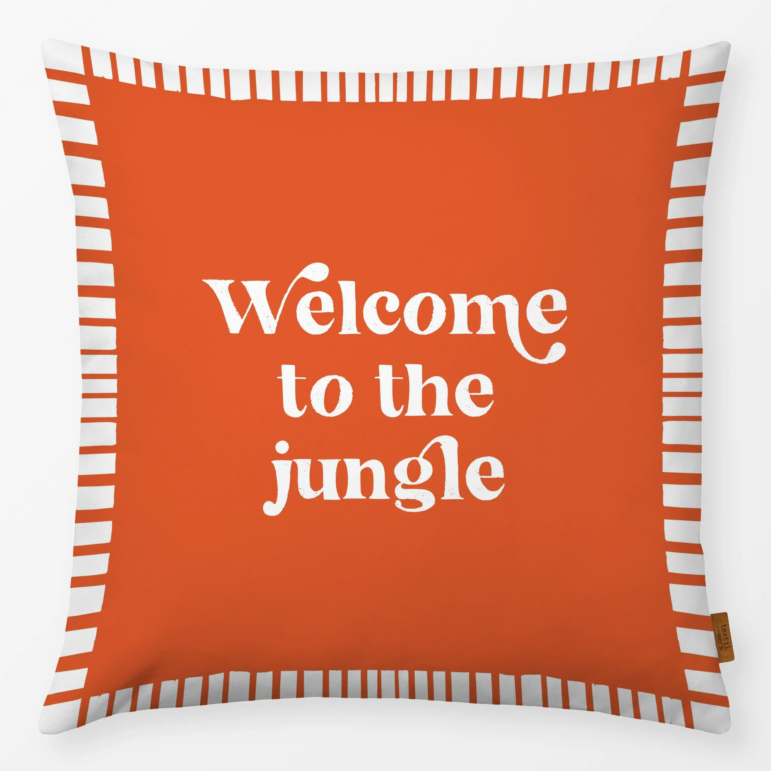 Kissen Welcome to the jungle orange - Sommer, Sprüche & Schriftzüge, Safari & Dschungel - von „moDeern Design Studio"; boho,...