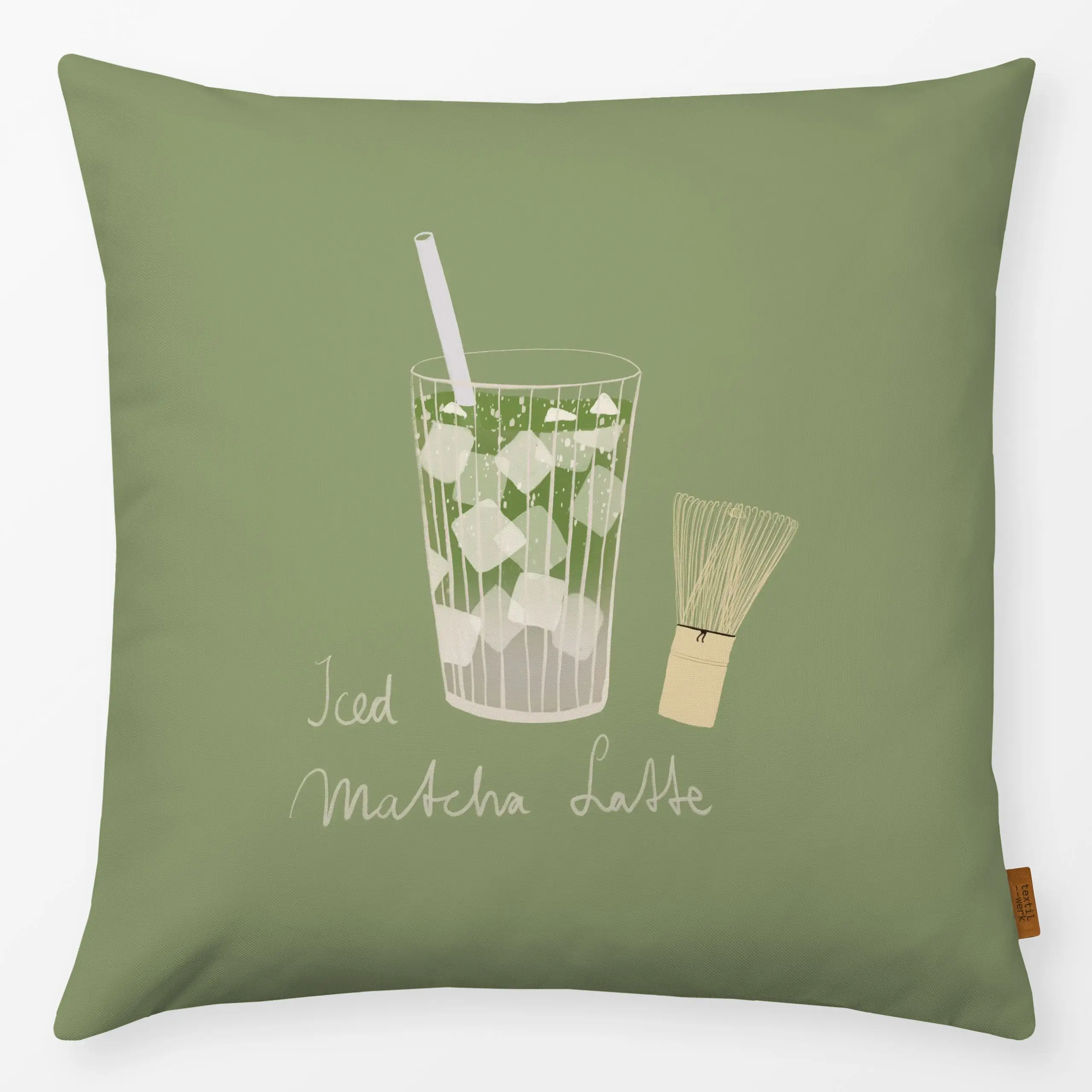 Kissen Iced Matcha Latte Hellgrün - Küche, Essen & Trinken - von „Sophie Augustin Illustration"; Tee, tea, teatime, Drinks, ...