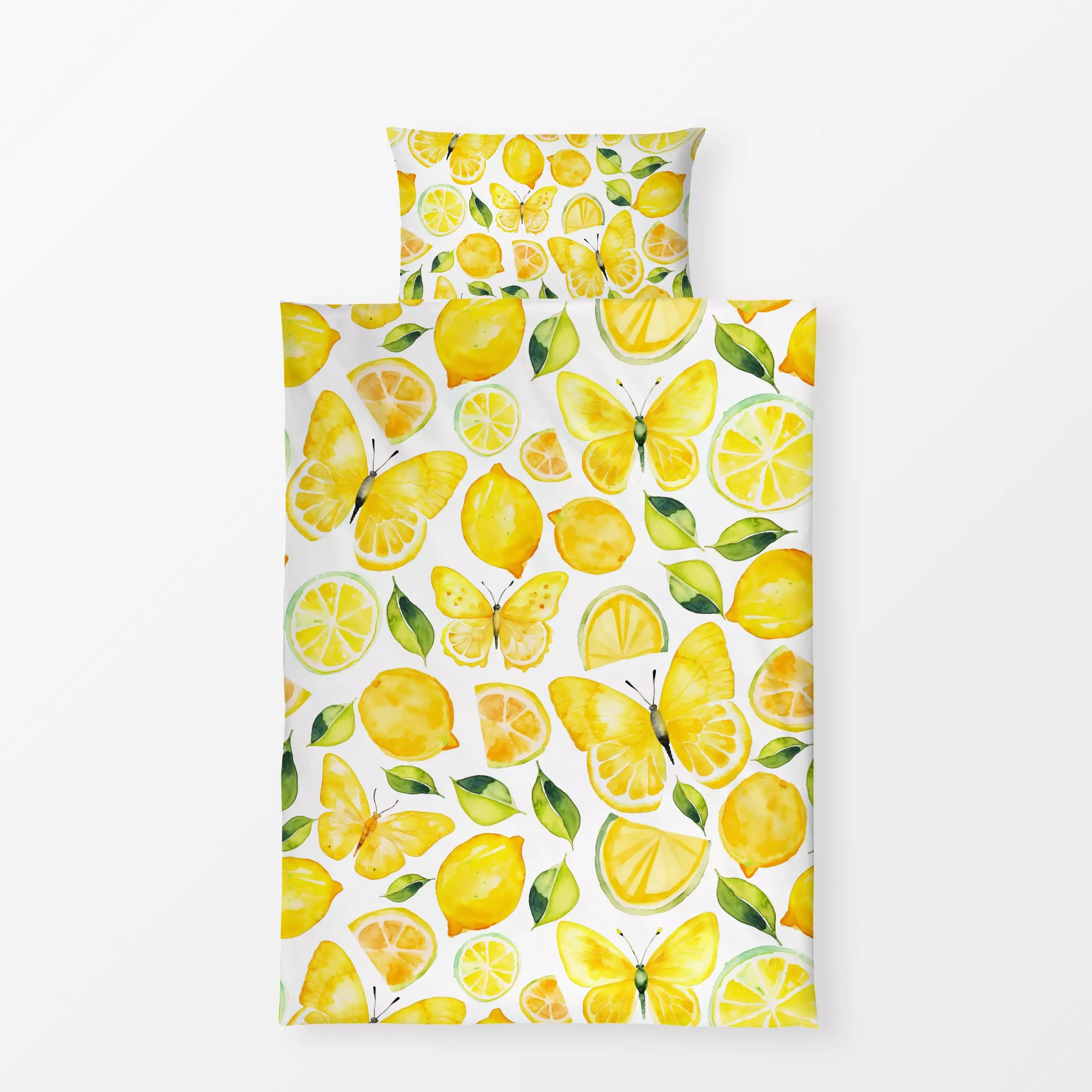 Bettwäsche Zitronen und Falter - Tiere, Symbole & Muster - von „Uta Naumann"; Wasserfarben, Garten, Zitrone, Sommer, floral,...