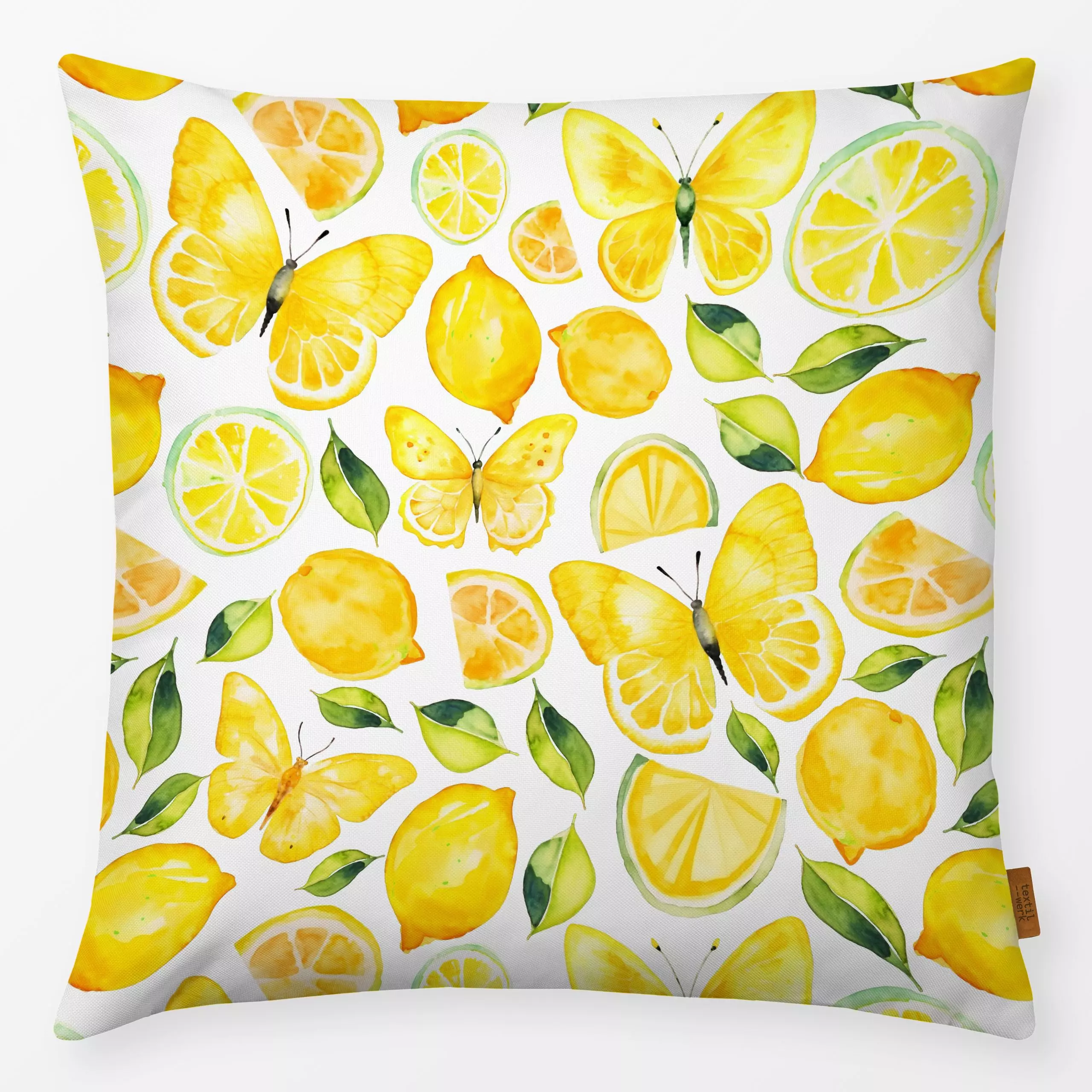 Kissen Zitronen und Falter - Tiere, Symbole & Muster - von „Uta Naumann"; Wasserfarben, Garten, Zitrone, Sommer, floral, wit...