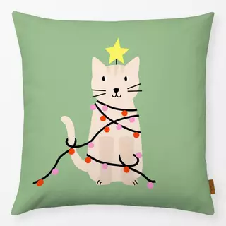 Kissen Katze mit Lichterkette grün