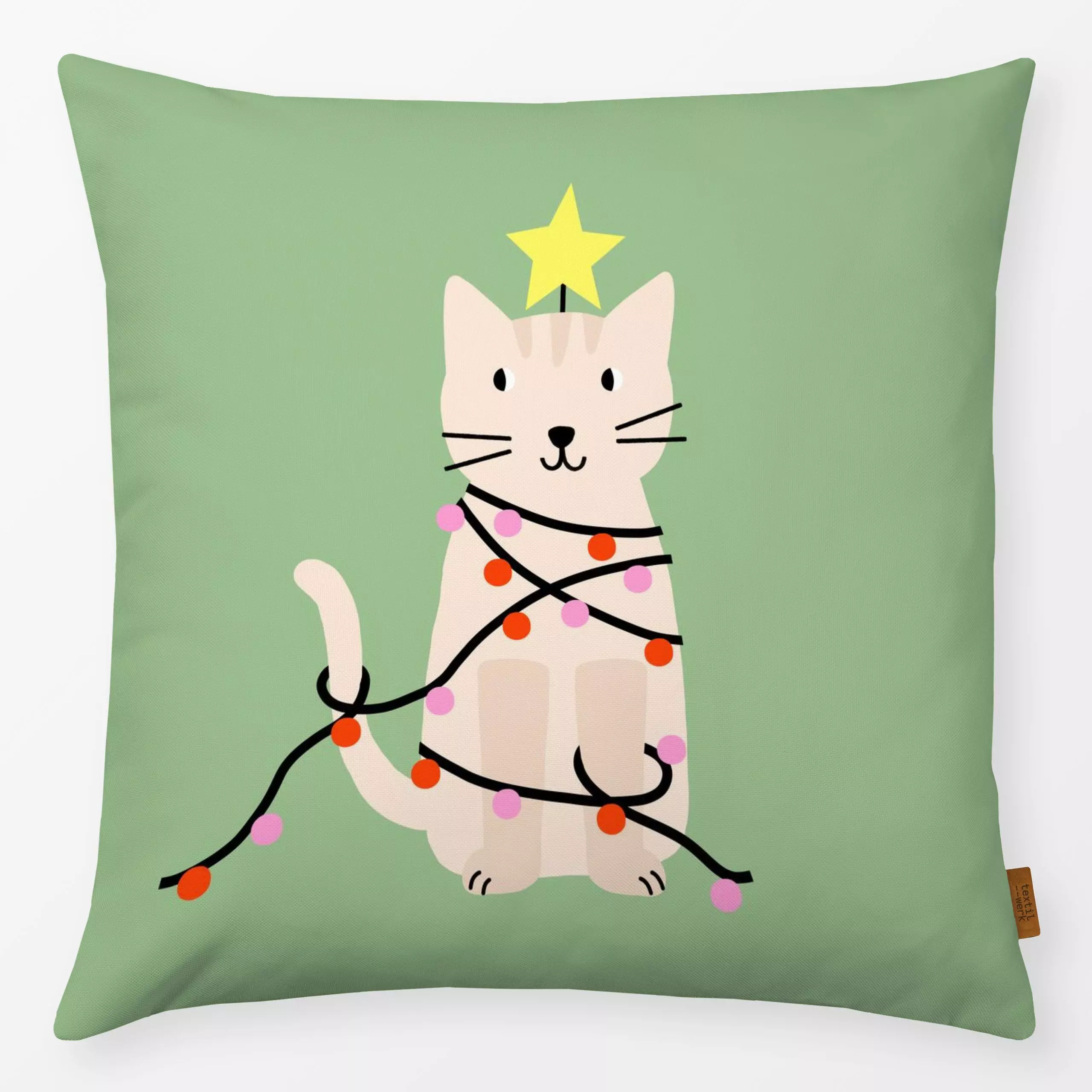 Kissen Katze mit Lichterkette grün - Tiere, Weihnachten - von „Maren Gross "; Merry Christmas, Sterne, xmas, party, geschenk...