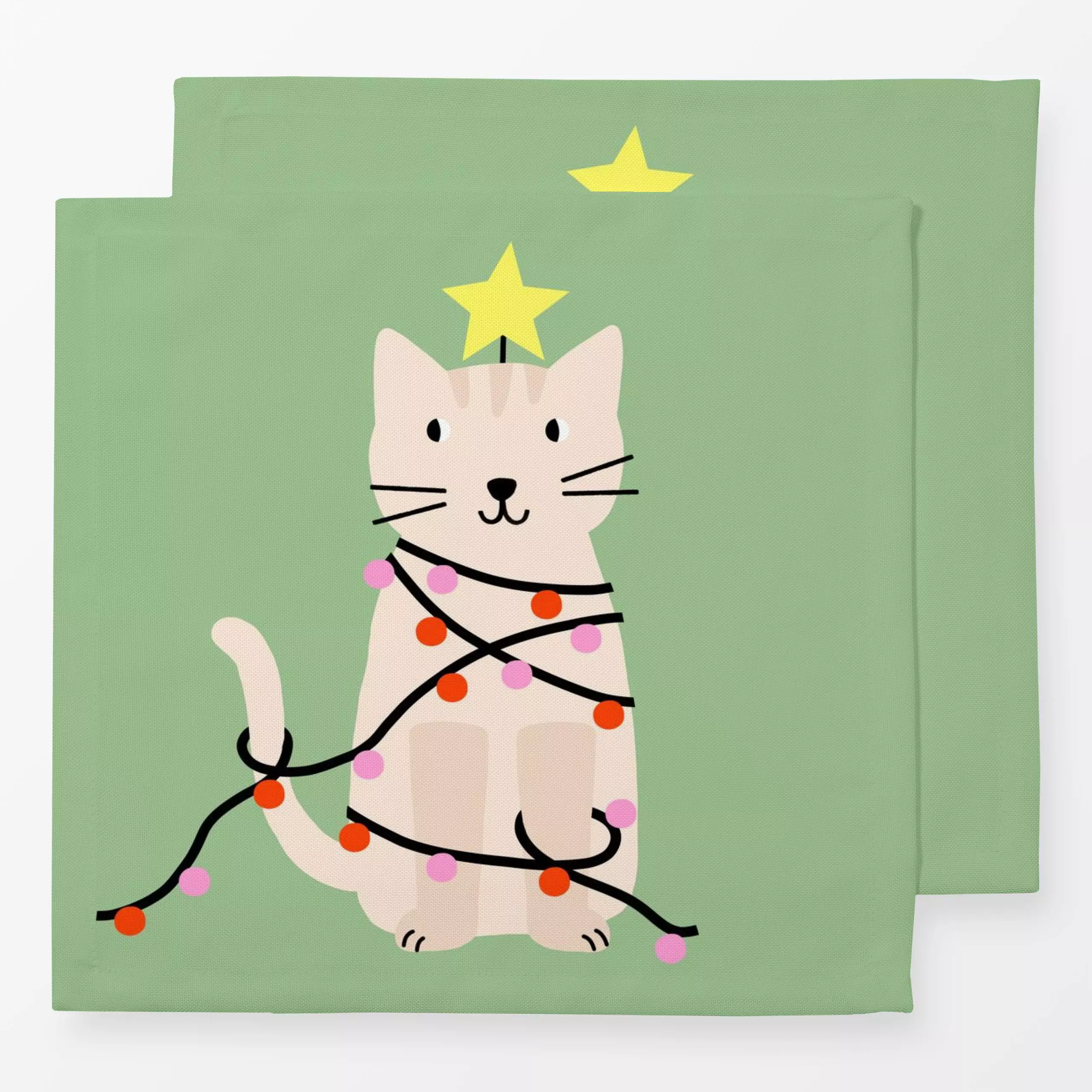 Servietten Katze mit Lichterkette grün - Tiere, Weihnachten - von „Maren Gross "; Merry Christmas, Sterne, xmas, party, gesc...