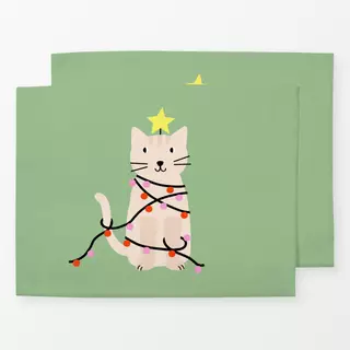 Tischset Katze mit Lichterkette grün