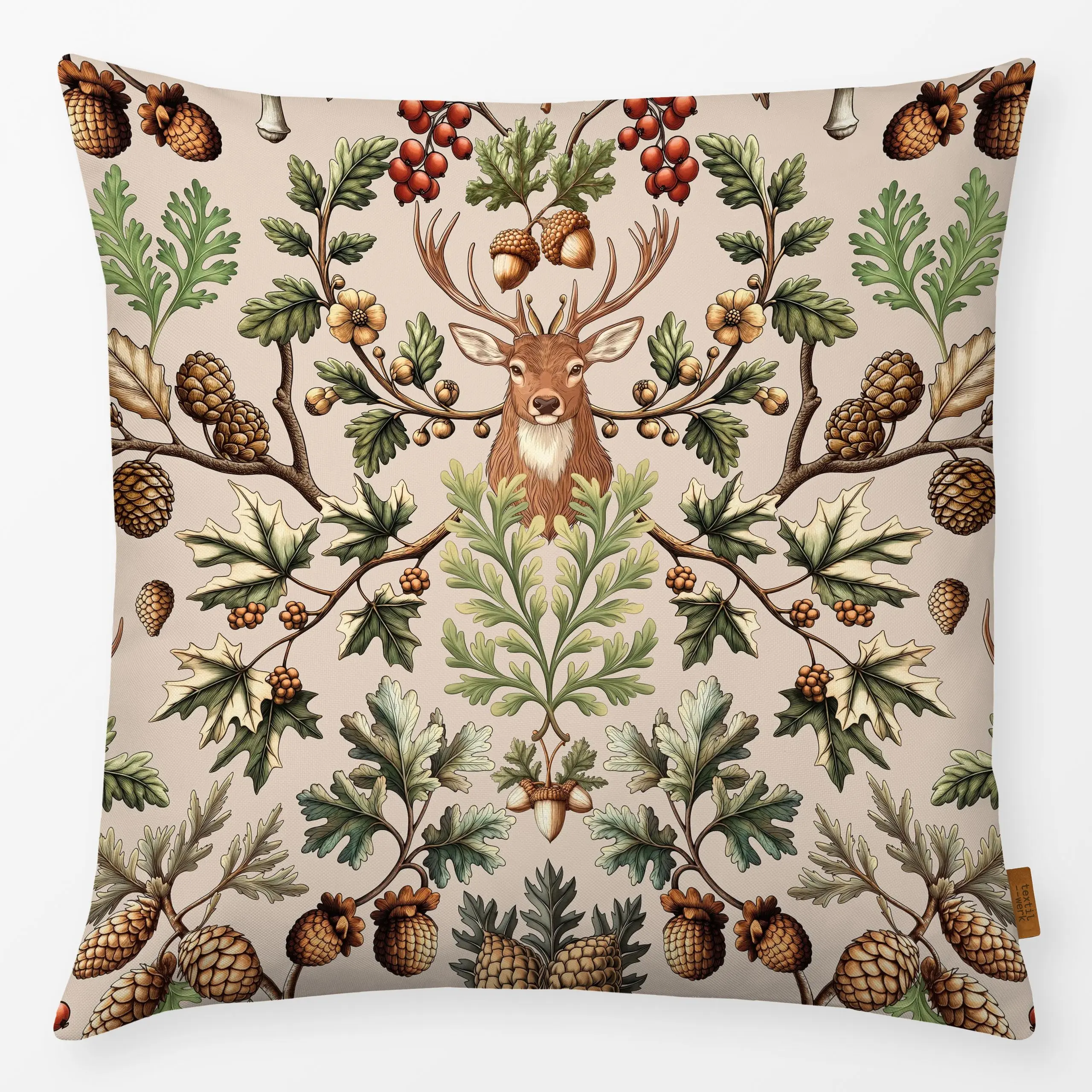 Kissen Woodland Wildlife Beige - Herbst, Natur & Landschaft, Pflanzen & Botanik - von „Andrea Haase"; Beeren, Wald, Tannenza...