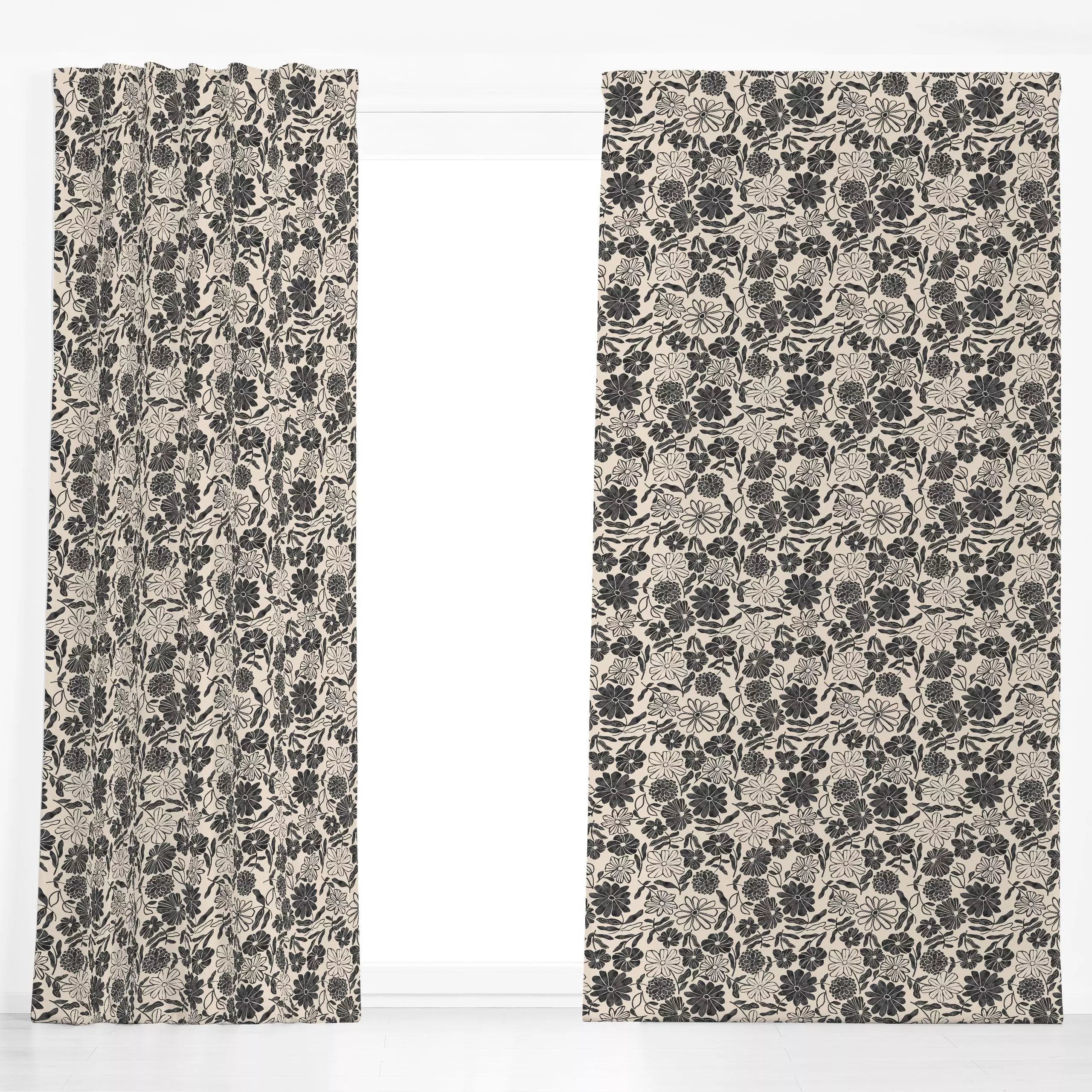 Dekovorhang Wildflowers beige black - Blumen & Florales, Pflanzen & Botanik - von „Studio Kesse"; boho, Blumen, Garten, Blüt...