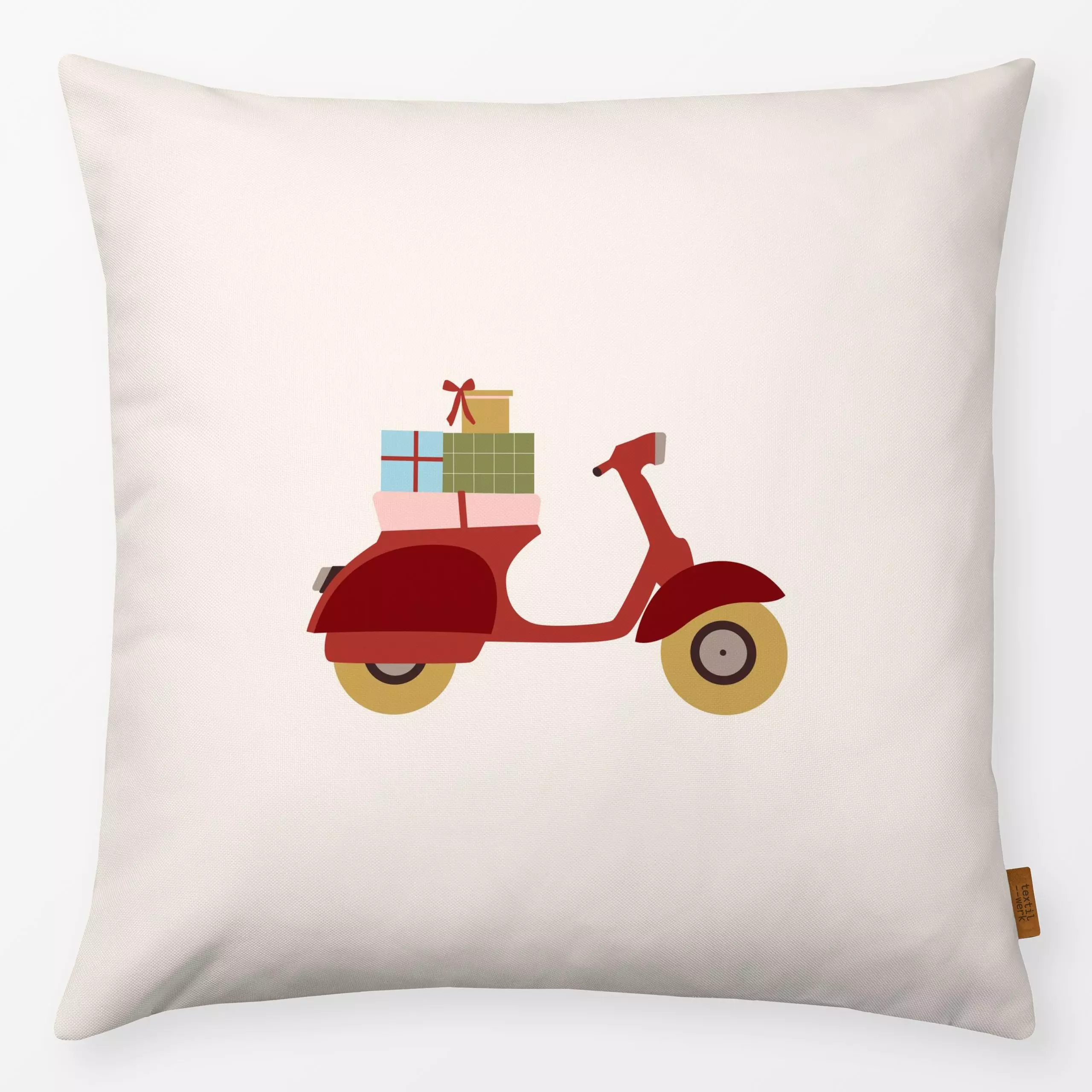 Kissen Scooter with Gifts - Weihnachten, Winter - von „Jana Moßmann"; Weihnachten, weihnachtlich, schleife, Vespa, roller, g...