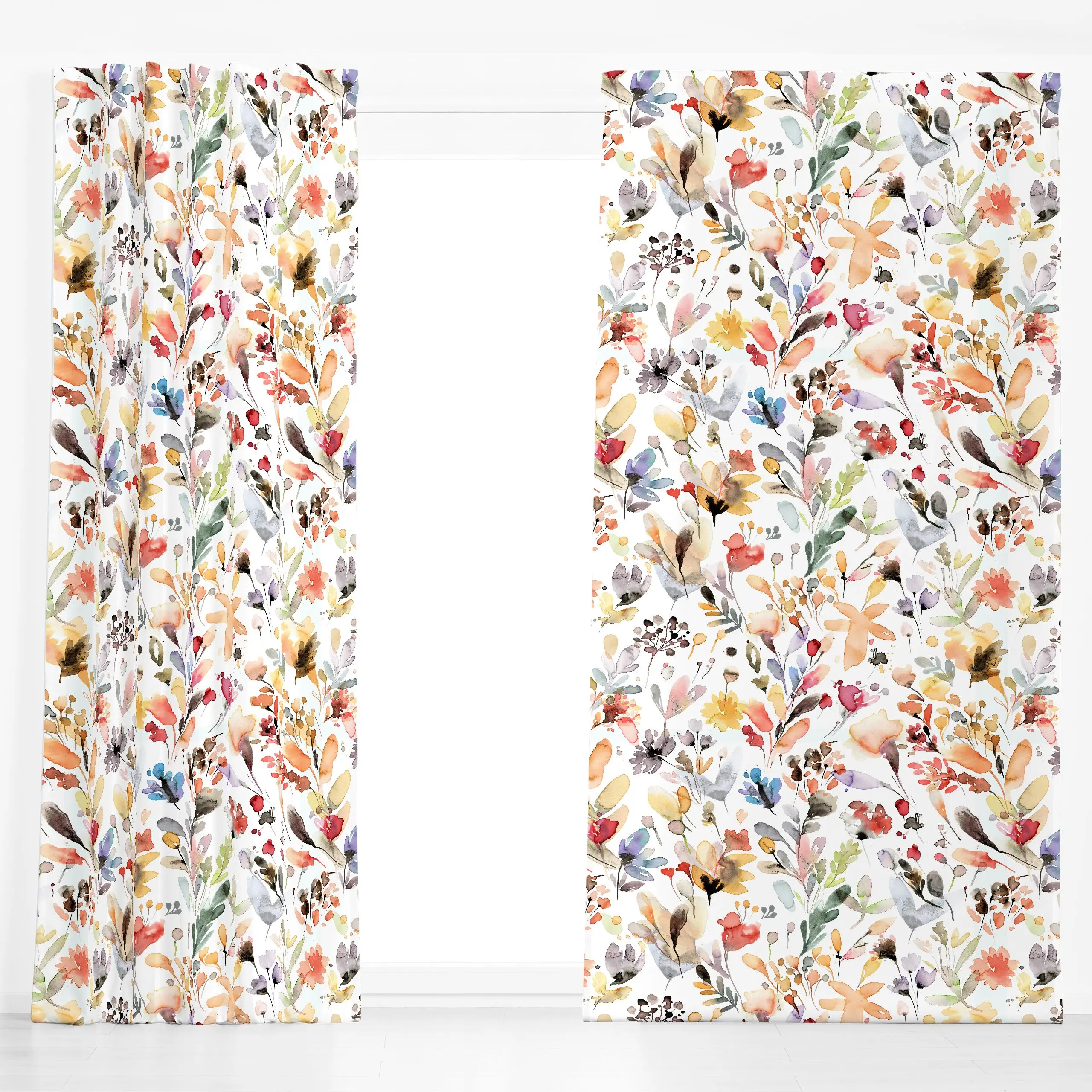 Dekovorhang Rustikal Wild Blumen Orange - Blumen & Florales, Herbst - von „Ninola Design "; Wasserfarben, Aquarell, Natur, T...