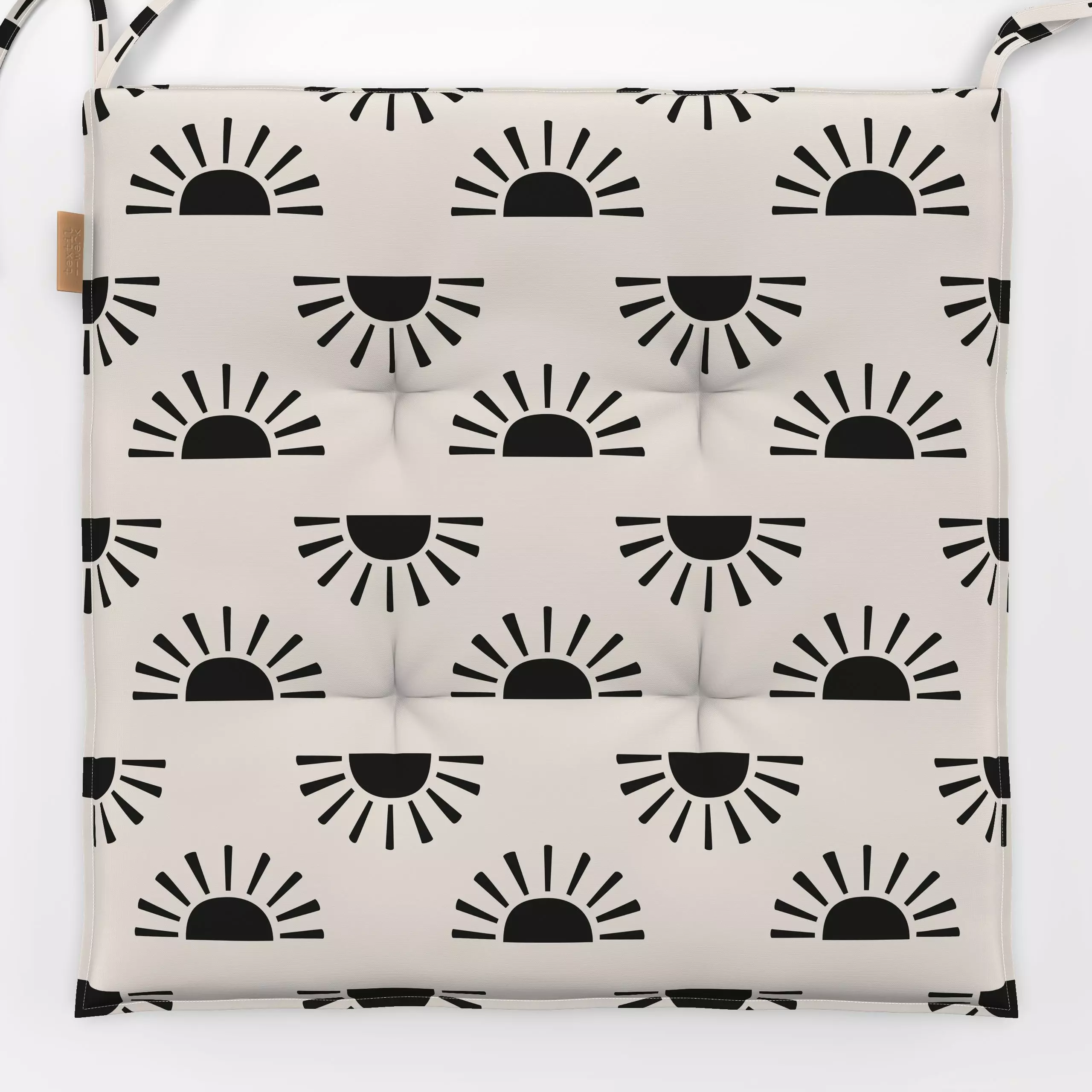 Sitzkissen Boho Summer Sun black - Sommer, Symbole & Muster - von „Karen Menzenbach"; Muster, schwarz, abstrakt, Sonne, beig...