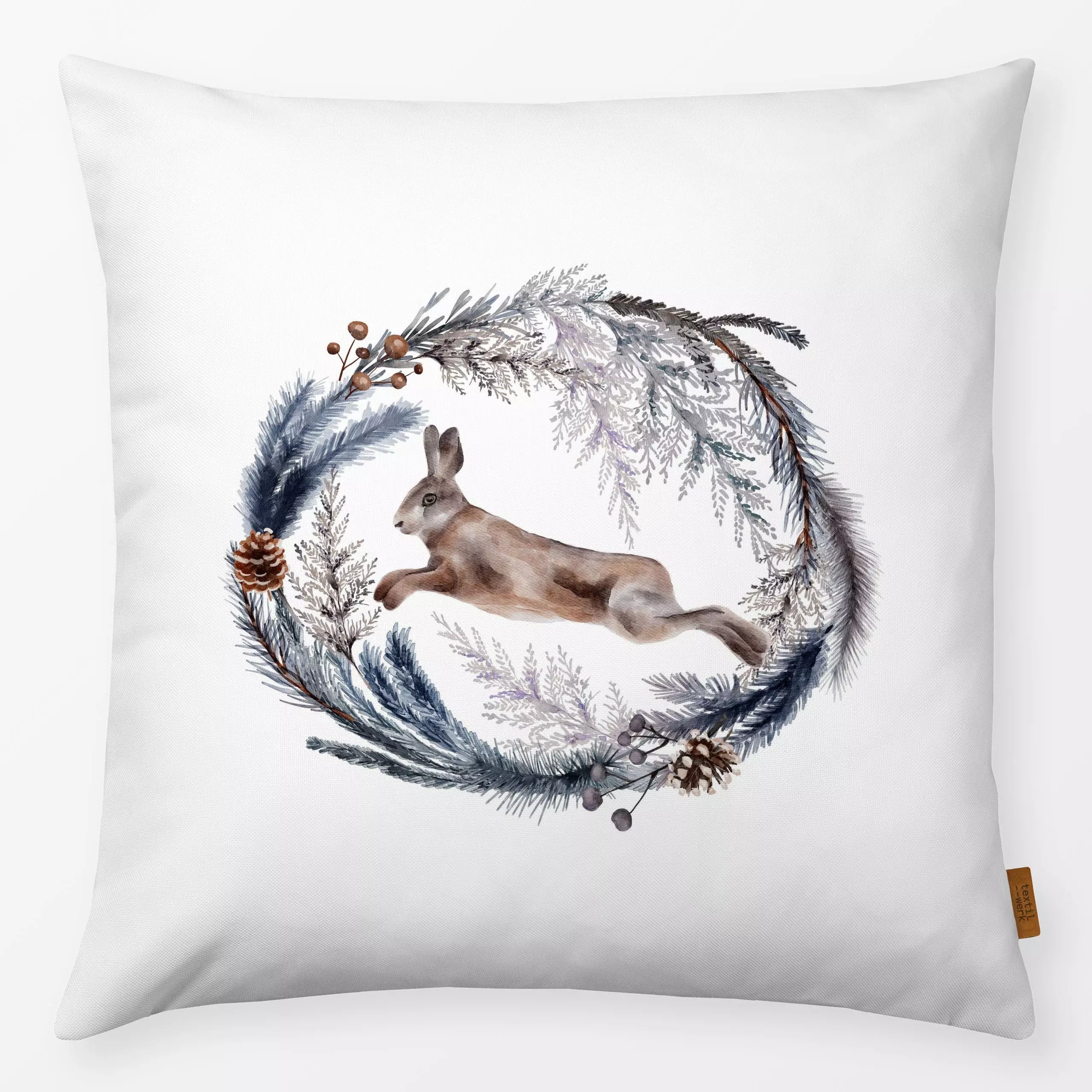 Kissen Eisiger Nordwind Hase - Tiere, Winter, Pflanzen & Botanik - von „Uta Naumann"; Natur, Tannenzapfen, Weihnachten, flor...