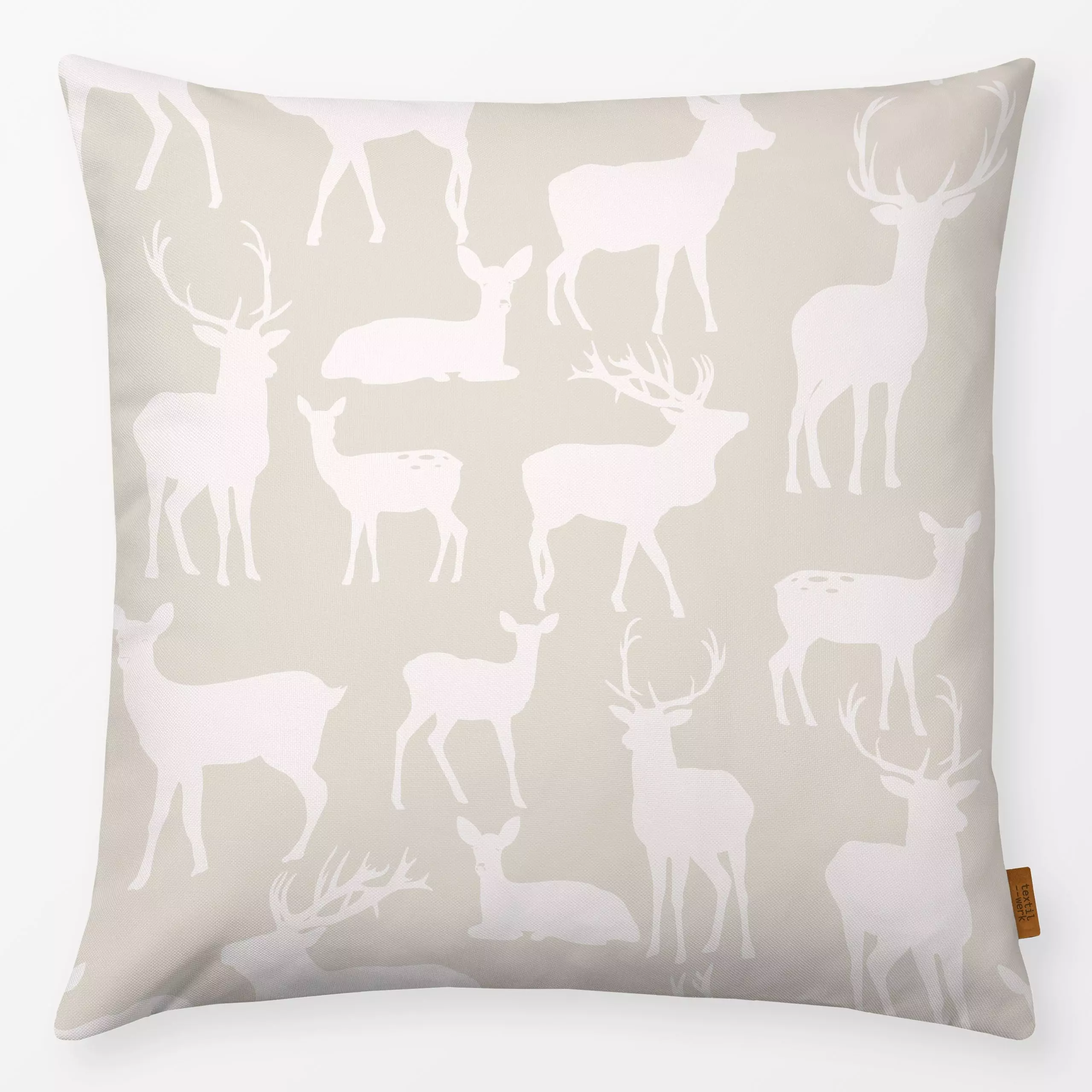 Kissen Rehwild und Hirsche beige - Tiere, Weihnachten, Winter - von „Uta Naumann"; Muster, skandinavisch, Hirsch, weihnachtl...