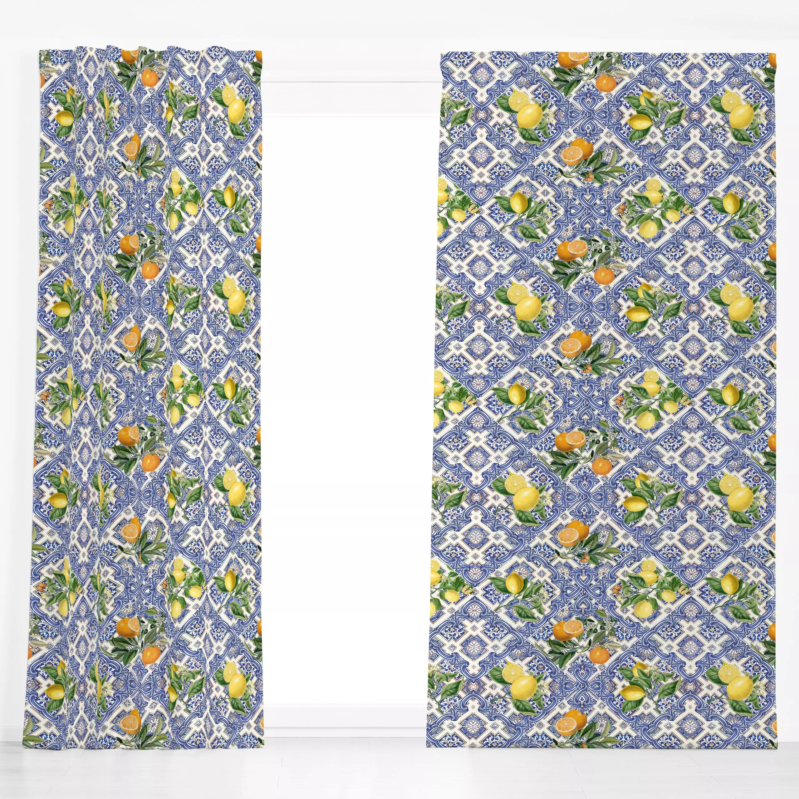 Dekovorhang Mittelmeer Fliesen Früchten - Sommer, Symbole & Muster - von „Bloomery Decor"; Früchte, Sommer, Zitronen, Zitrus...