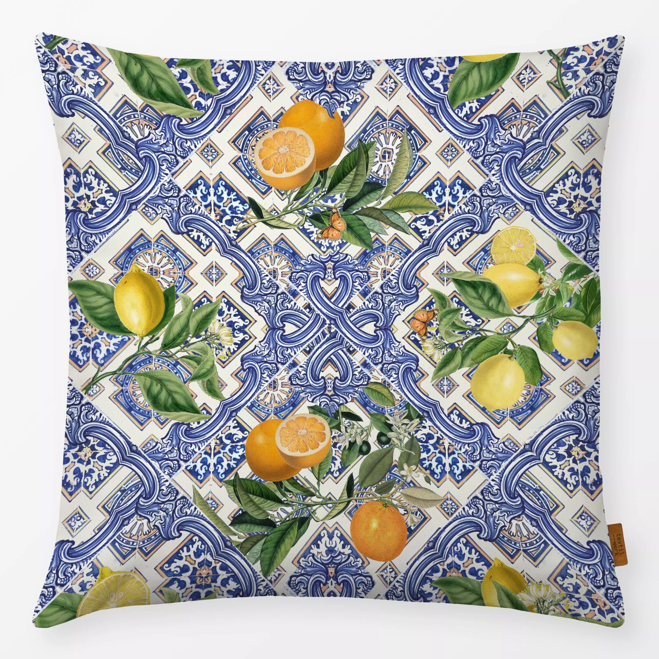 Kissen Mittelmeer Fliesen Früchten - Sommer, Symbole & Muster - von „Bloomery Decor"; Früchte, Sommer, Zitronen, Zitrusfruch...