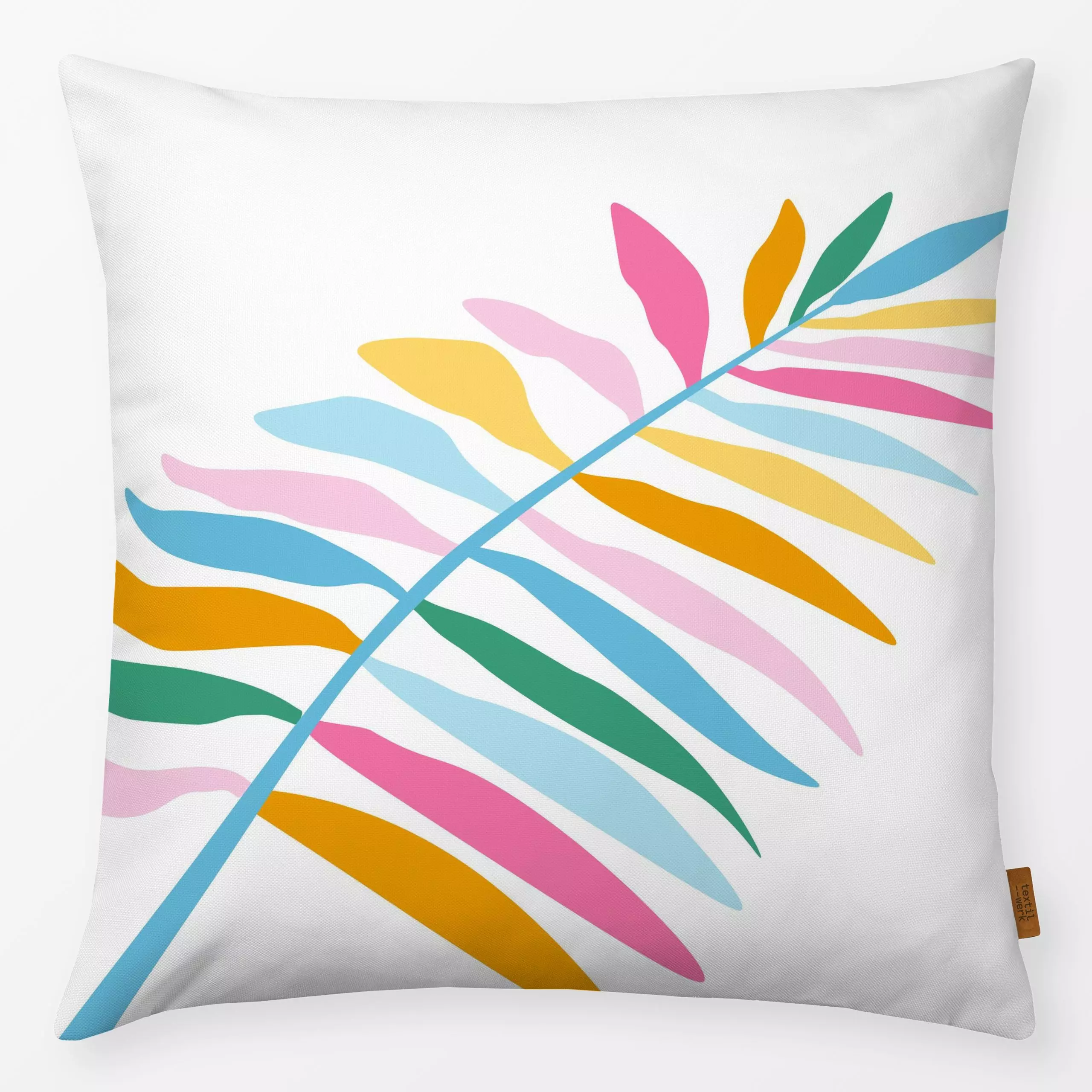 Kissen Palm Leaf bunt - Sommer, Pflanzen & Botanik - von „Vivian Hasenclever"; minimal, Palmen, tropisch, Sommer, exotisch, ...
