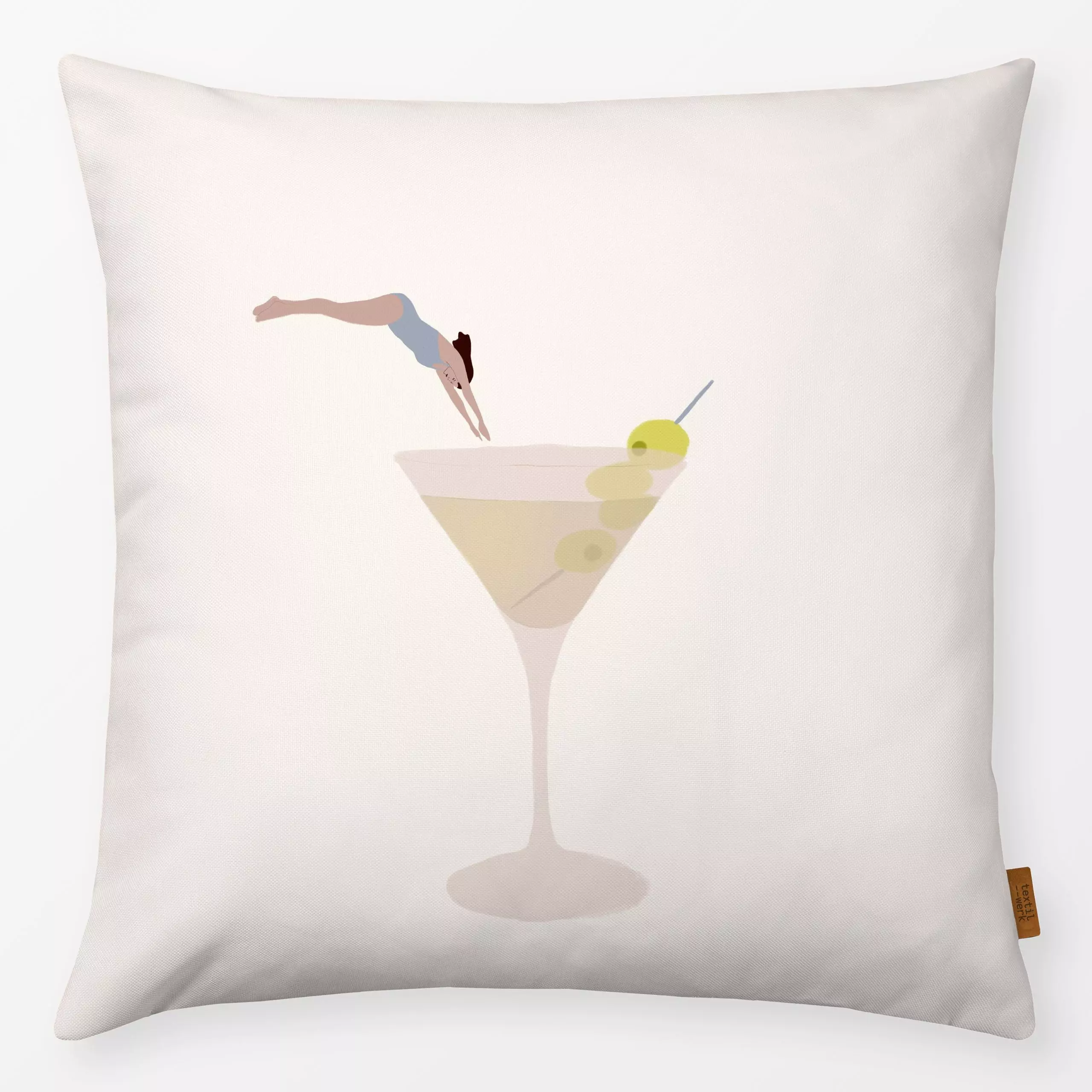Kissen Sommer Martini Kopfsprung - Sommer, Sprüche & Schriftzüge - von „Sophie Augustin Illustration"; Oliven, Schwimmen, So...