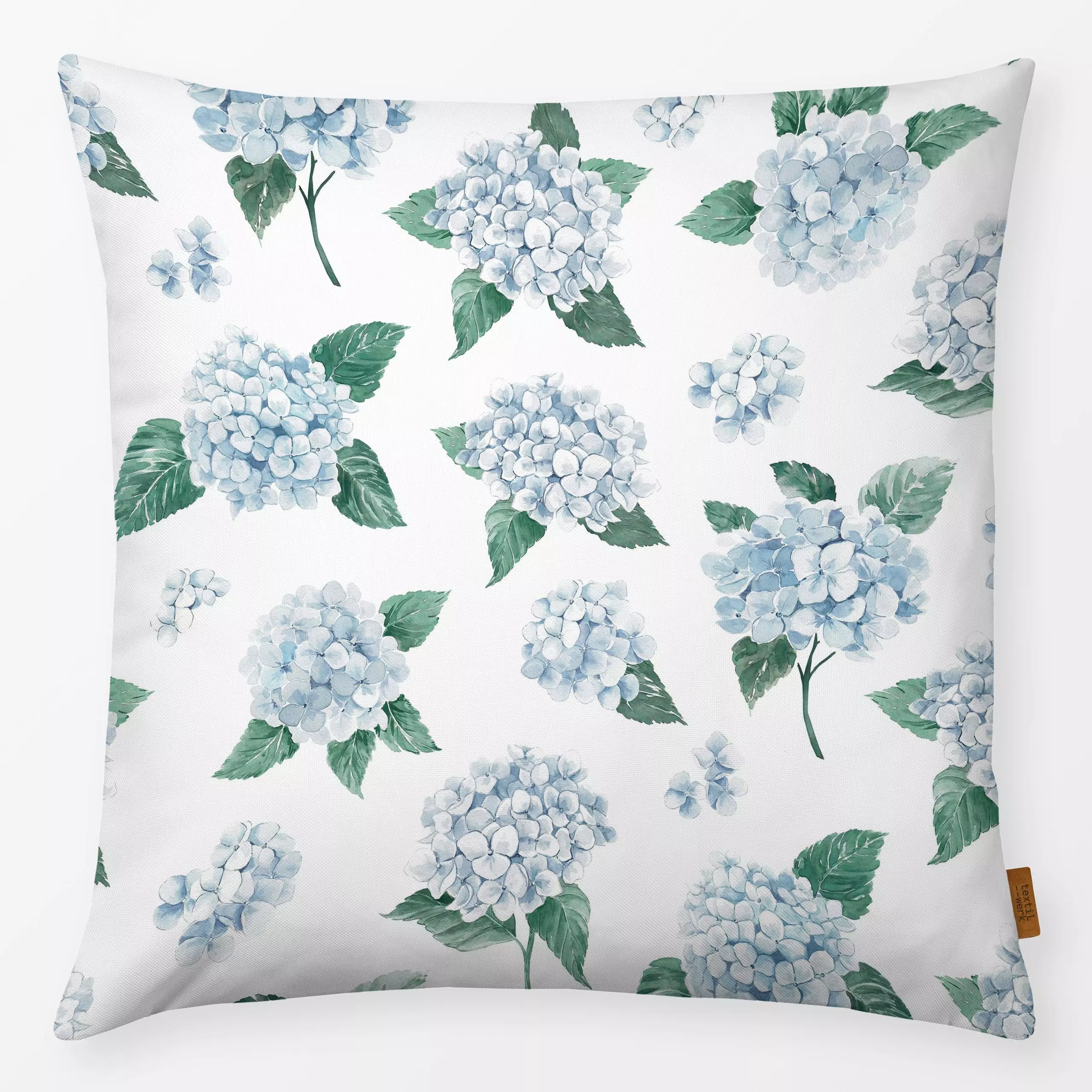 Kissen Blaue Hortensien weiß - Blumen & Florales, Sommer, Pflanzen & Botanik - von „Katrin Graff“; Blumen, Sommerblumen, flo...