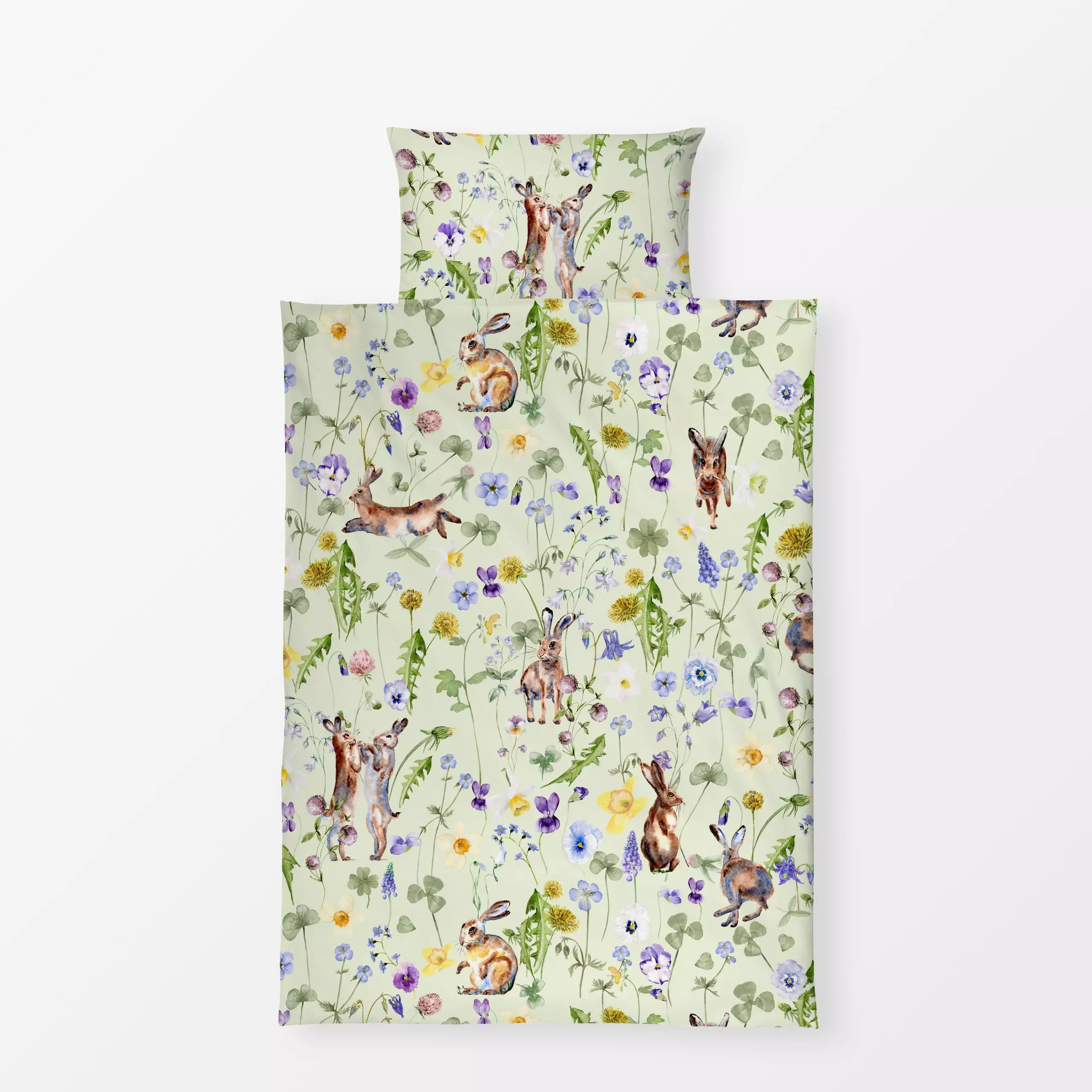 Bettwäsche Osterhasen in Blumenwiese grün - Frühling, Tiere - von „Uta Naumann"; Muster, Wasserfarben, Natur, Garten, Wildbl...