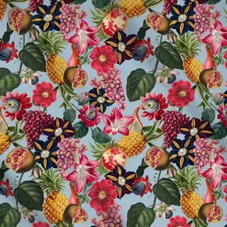 Meterware Tropenblüten & Früchte blau