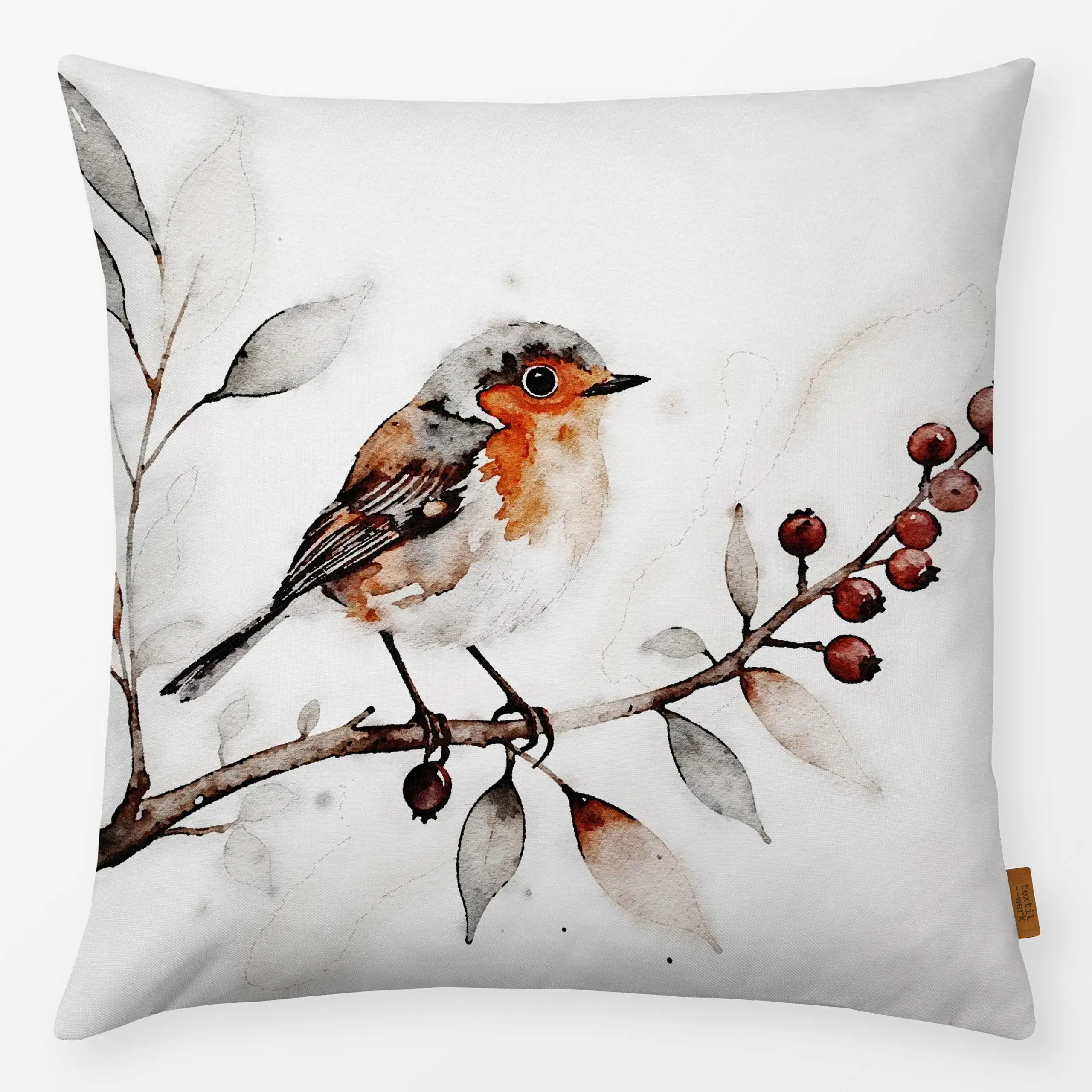Kissen Rotkehlchen Aquarell - Tiere, Weihnachten, Winter - von „Monika Strigel"; Natur, Zweige, Wald, Vogel, Rotkehlchen, la...