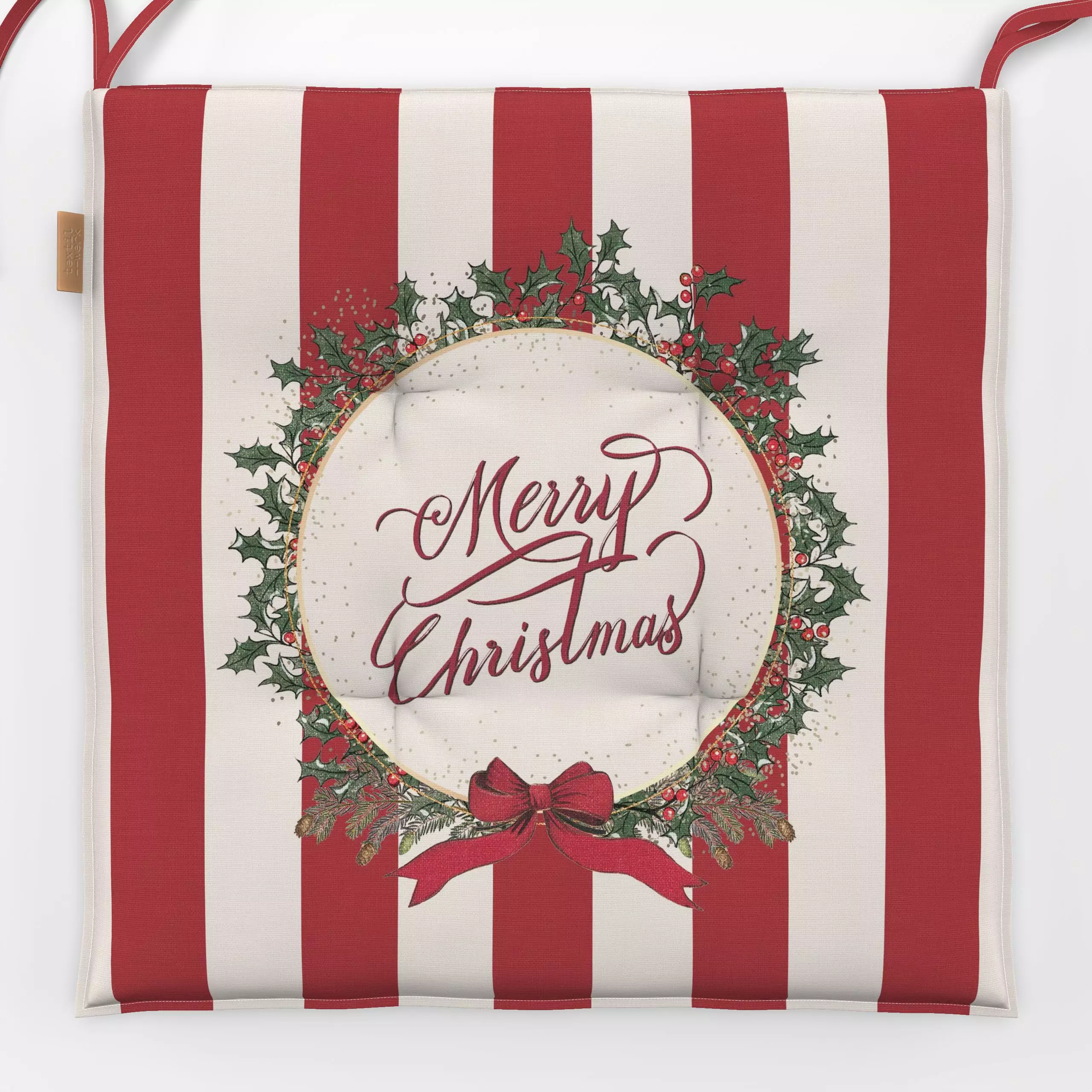 Sitzkissen Christmas wreath stripes III - Sprüche & Schriftzüge, Weihnachten, Symbole & Muster - von „Bloomery Decor"; Merry...