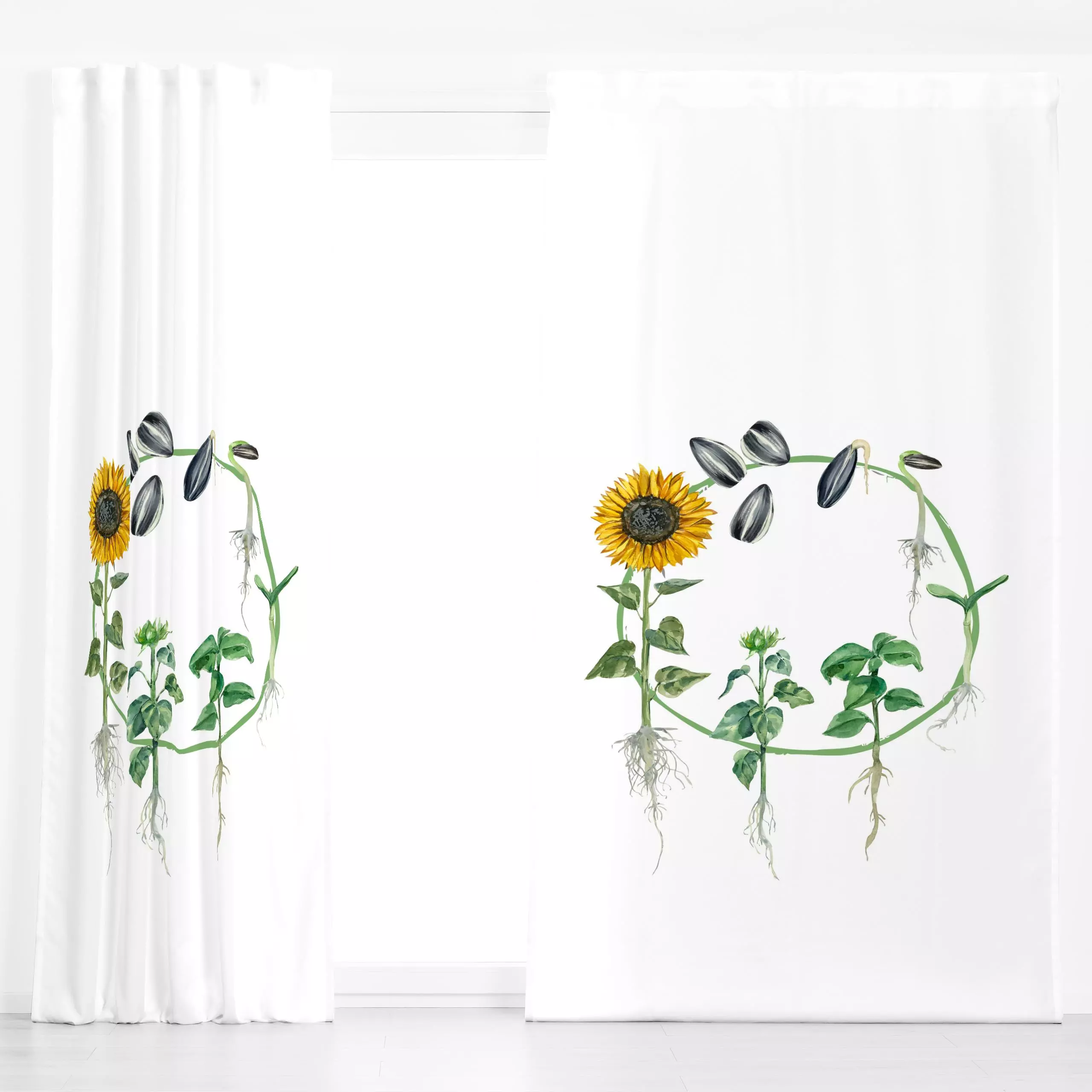 Dekovorhang Lebenszyklus Sonnenblume - Sommer, Pflanzen & Botanik - von „Uta Naumann"; boho, Wasserfarben, Natur, Blumen, Ga...