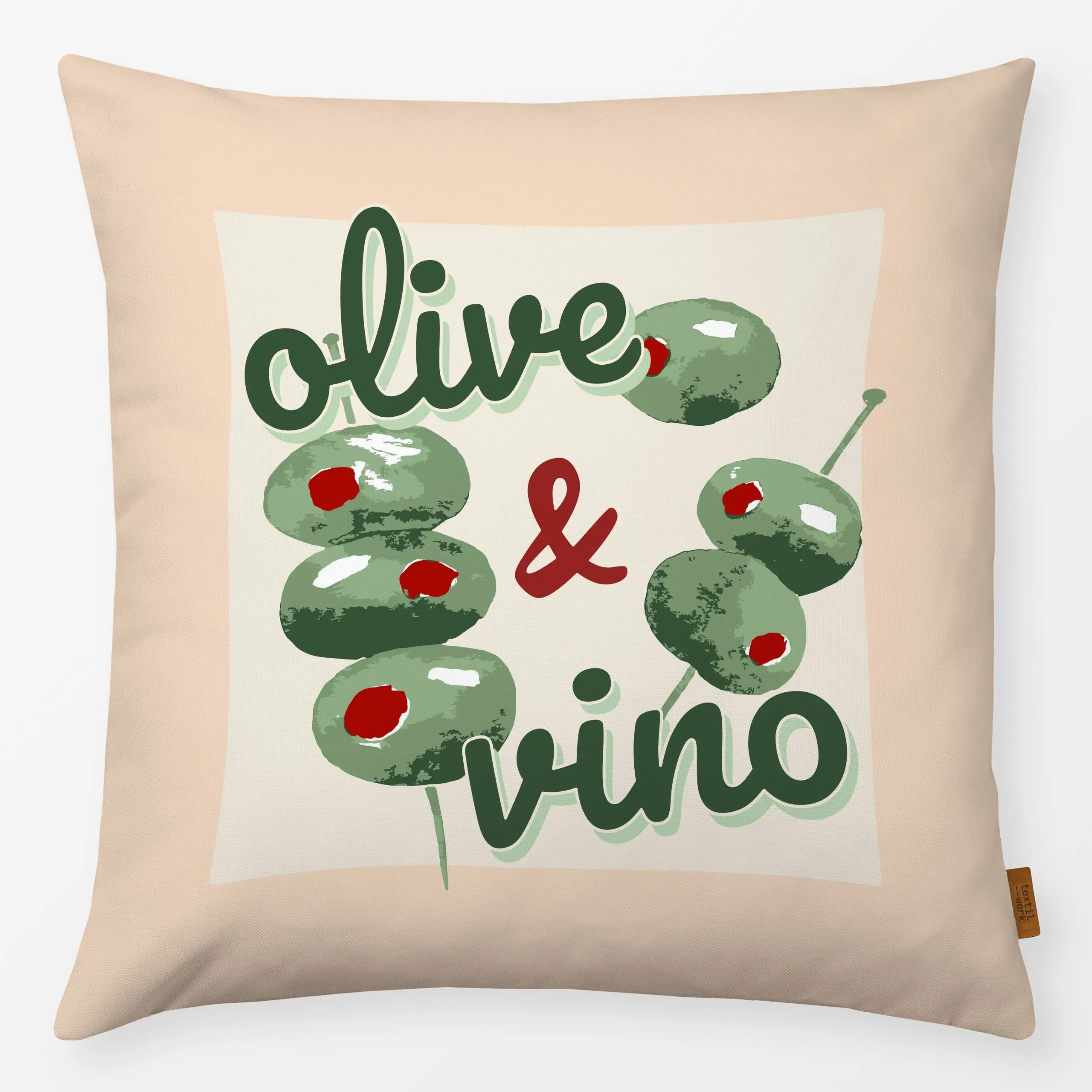 Kissen Olive & Vino - Sommer, Sprüche & Schriftzüge, Küche, Essen & Trinken - von „Karen Menzenbach"; Oliven, Wein, Sommer, ...