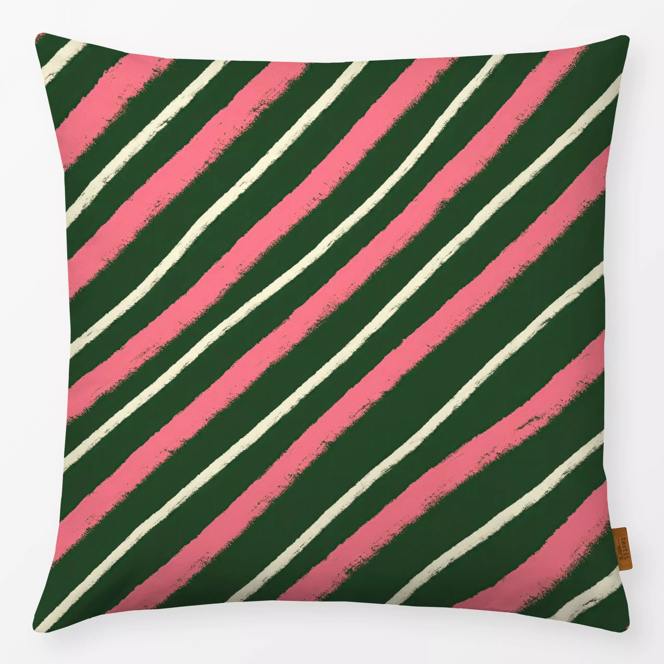 Kissen Streifen rosa & grün schräg - Weihnachten, Symbole & Muster - von „Studio Dolci"; Muster, Streifen, rosa, Weihnachten...