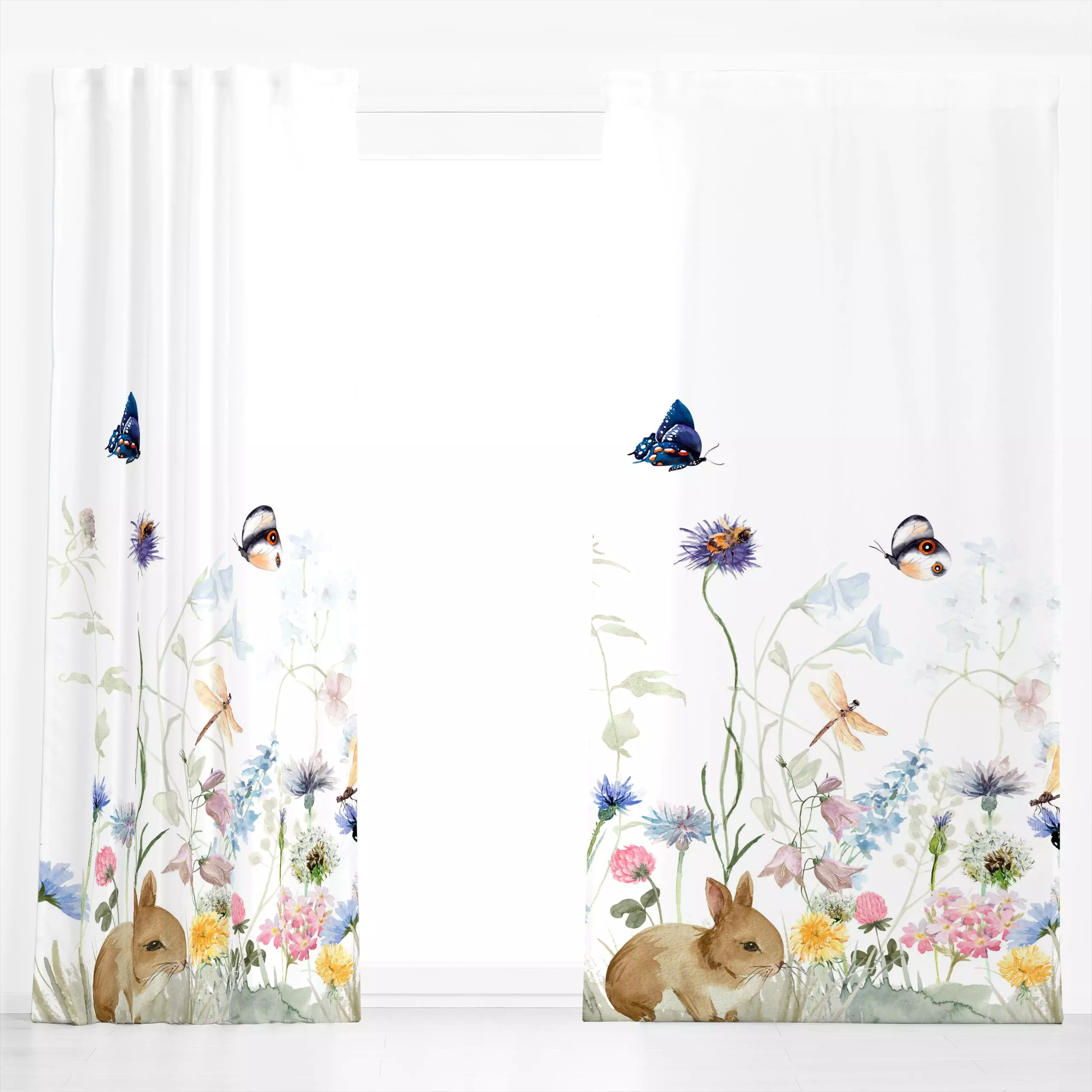 Dekovorhang Frühlingswiese - Frühling - von „Uta Naumann"; Kinder, Blumen, Garten, Blüten, Wildblumen, Hase, Wiese, floral, ...