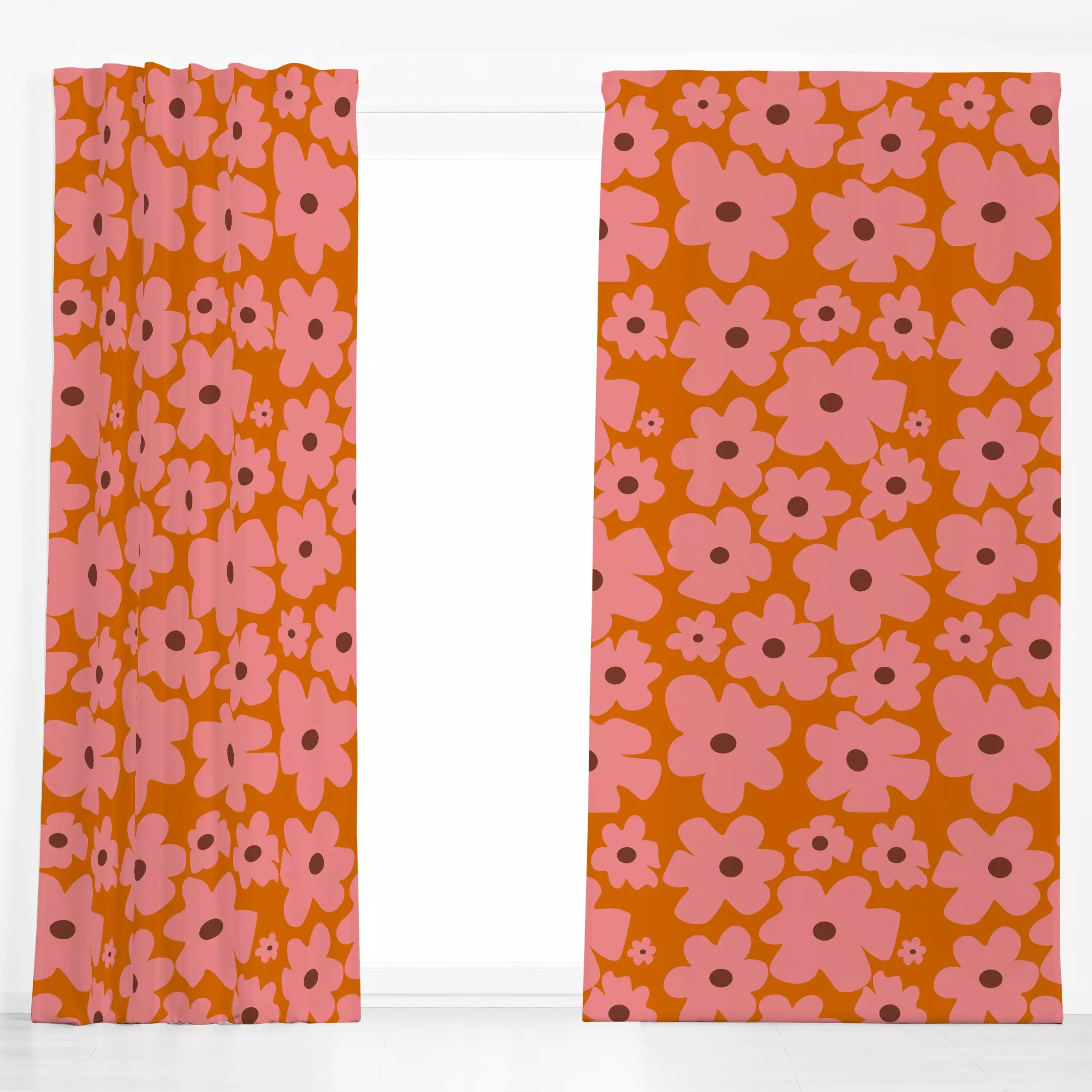 Dekovorhang Pinke Blumen Auf Orange - Blumen & Florales, Herbst, Sommer - von „Alisa Knöß"; minimal, skandinavisch, modern, ...