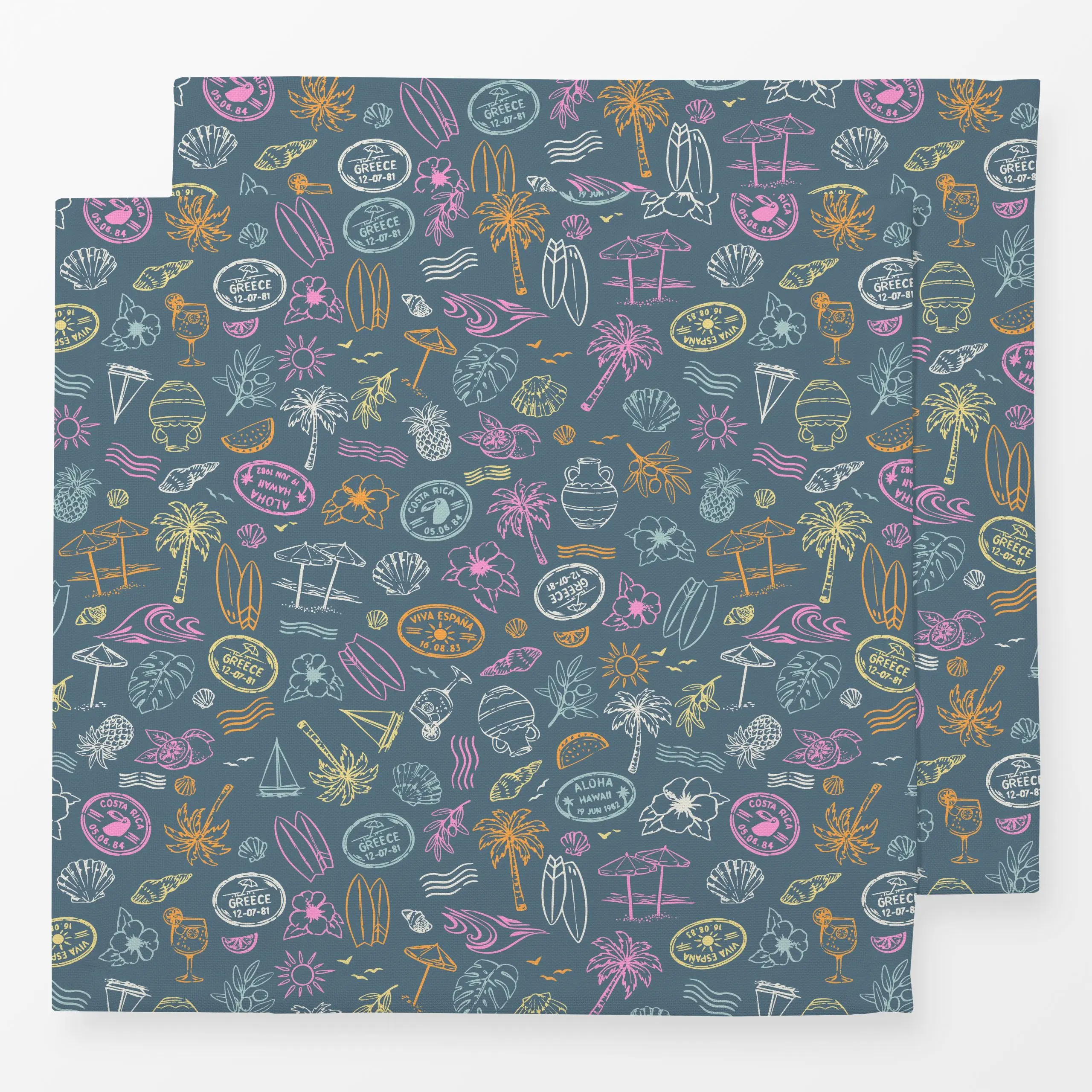 Servietten Sommer Reise Icons blau - Kinderzimmer & Motive für Kinder, Sommer - von „Katrin Graff"; Palmen, Surfen, Muscheln...
