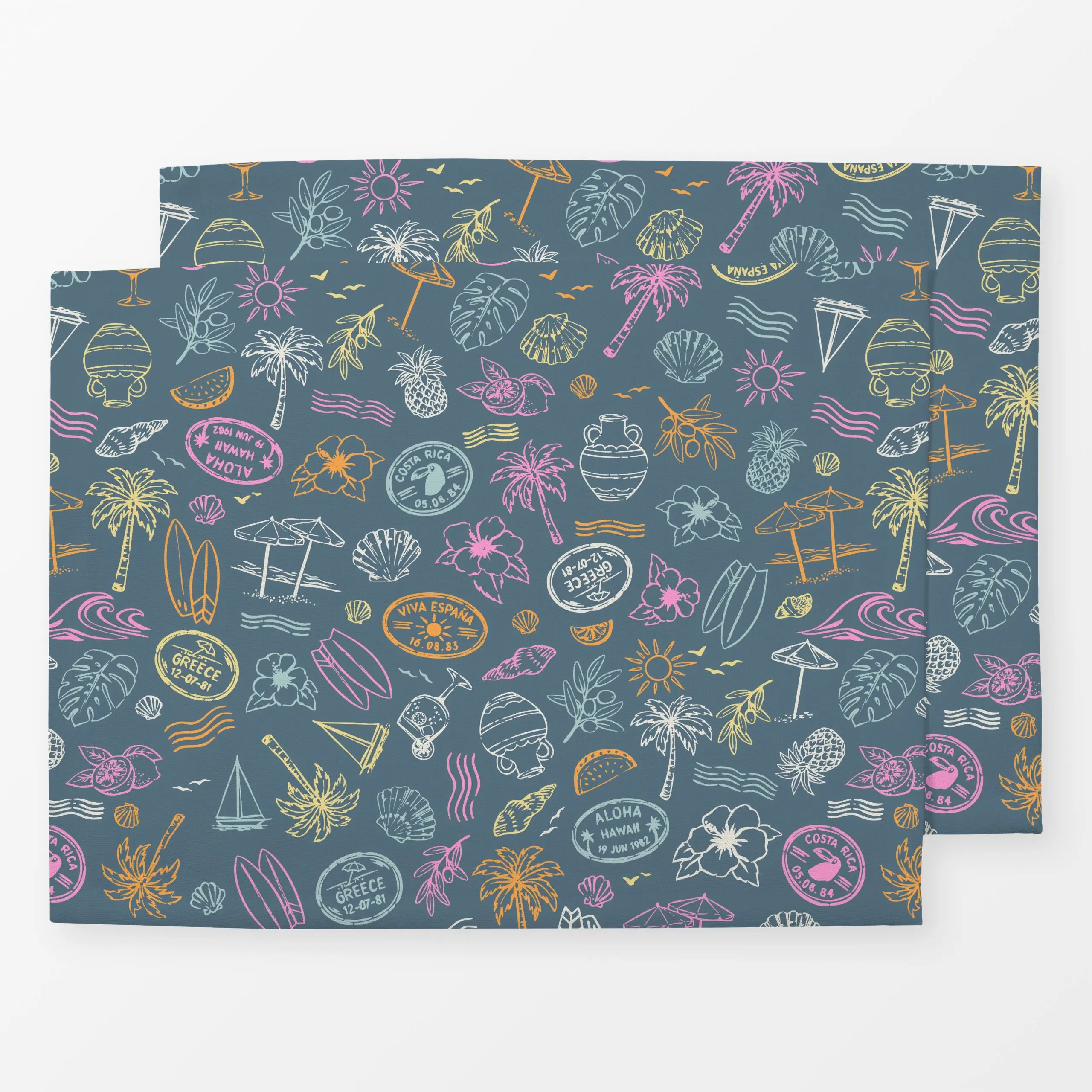 Tischset Sommer Reise Icons blau - Kinderzimmer & Motive für Kinder, Sommer - von „Katrin Graff"; Palmen, Surfen, Muscheln, ...