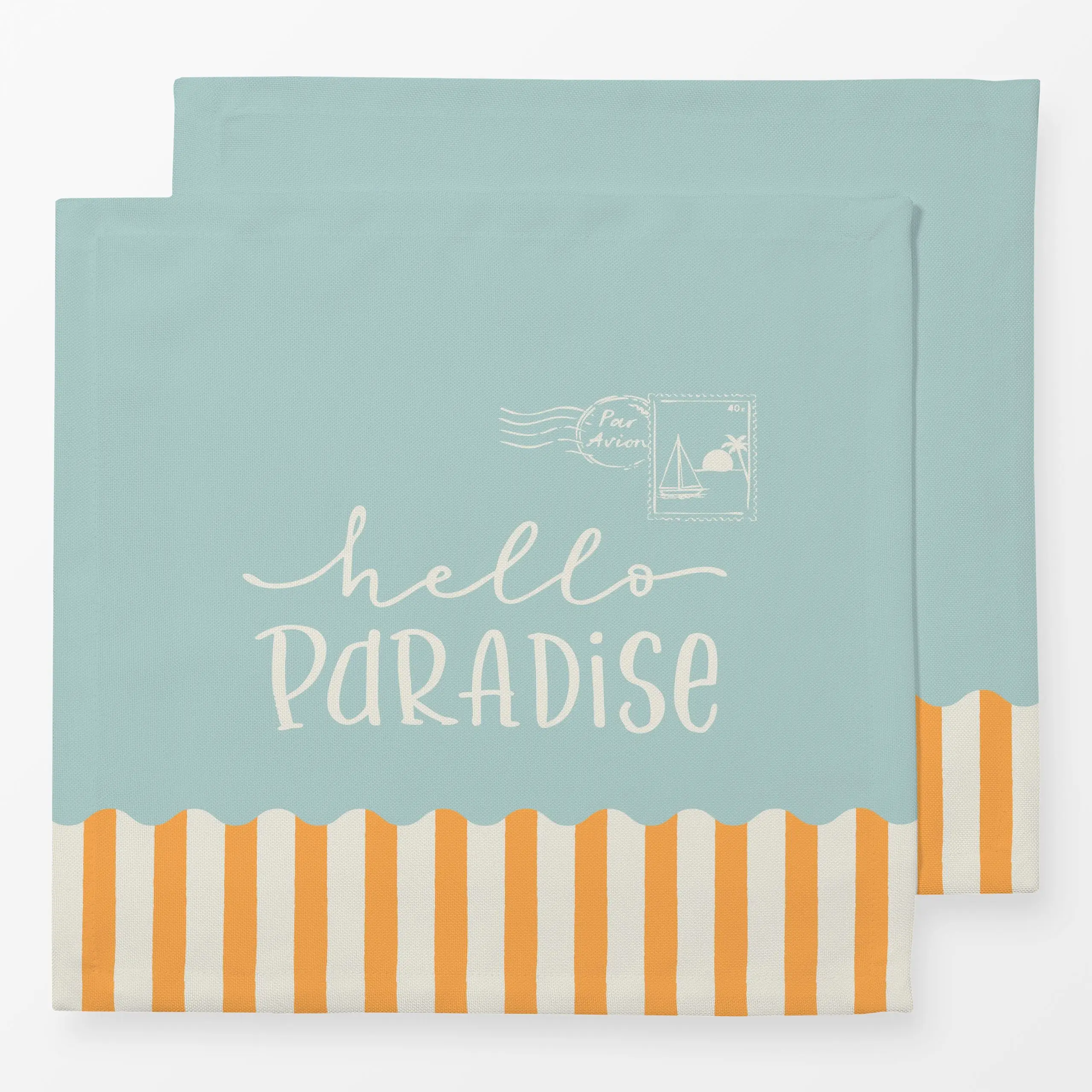 Servietten hello Paradise - Sommer, Sprüche & Schriftzüge, Reise - von „Katrin Graff"; Orange, Reisen, Lettering, hellblau, ...