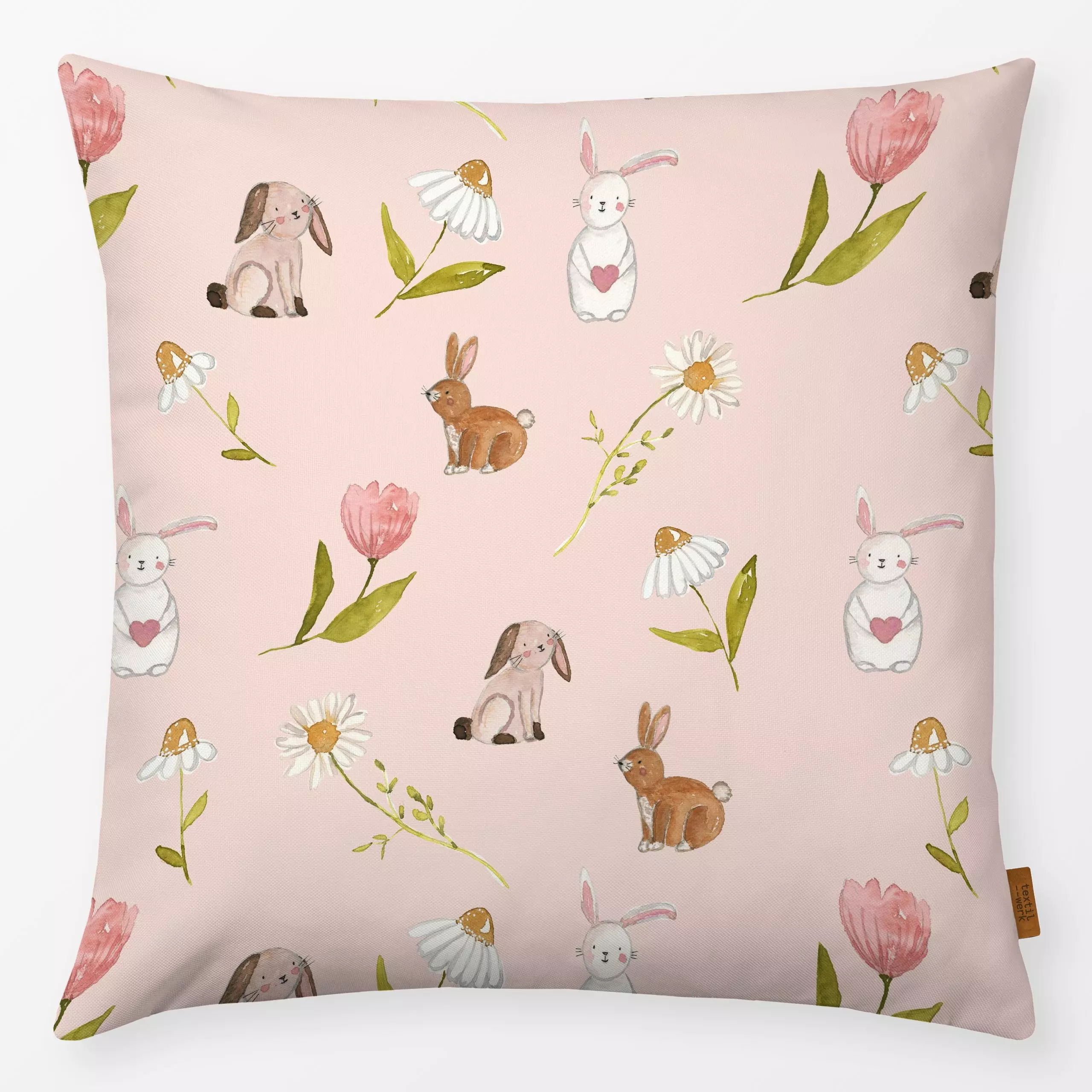 Kissen Hasenmuster peach - Blumen & Florales, Frühling - von „Lena Yokota"; Muster, kleingemustert, Ostern, Kids, pattern, e...