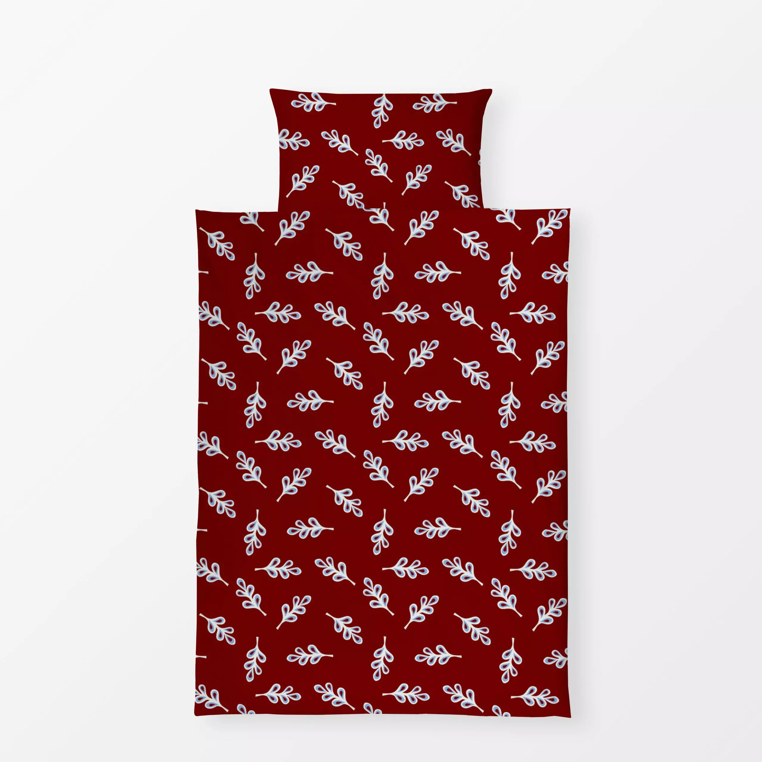 Bettwäsche Weiß-Blaue Blätter auf Rot - Weihnachten, Winter - von „Kerstin Ax"; Muster, skandinavisch, Blätter, Weihnachten,...