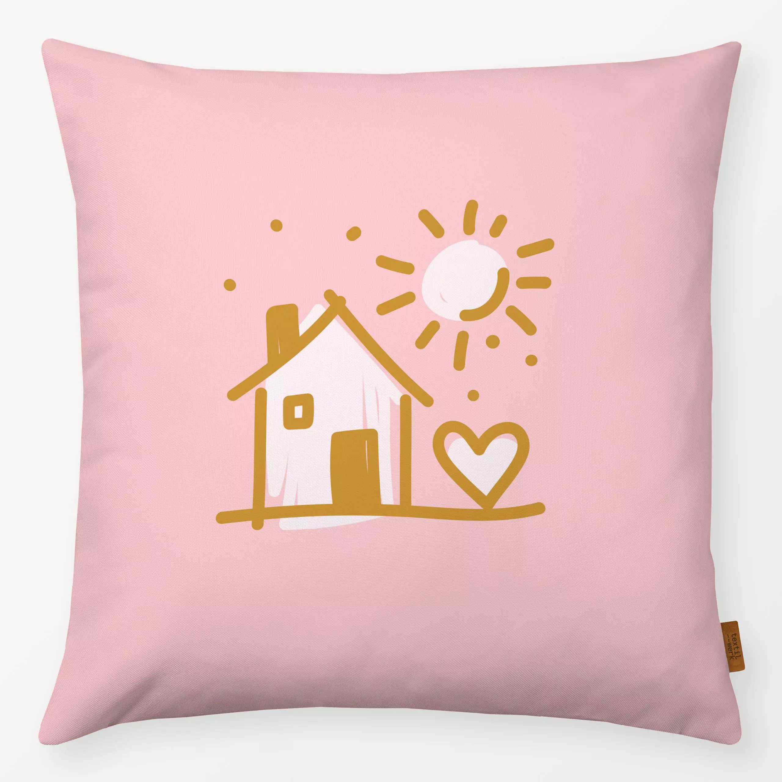 Kissen LINEAR Zuhause 3 - Anlässe - von „Primus Pattern"; Sonne, Haus, Herz, Pastell, cosy, Ruhe, achtsamkeit, zuhause, pude...