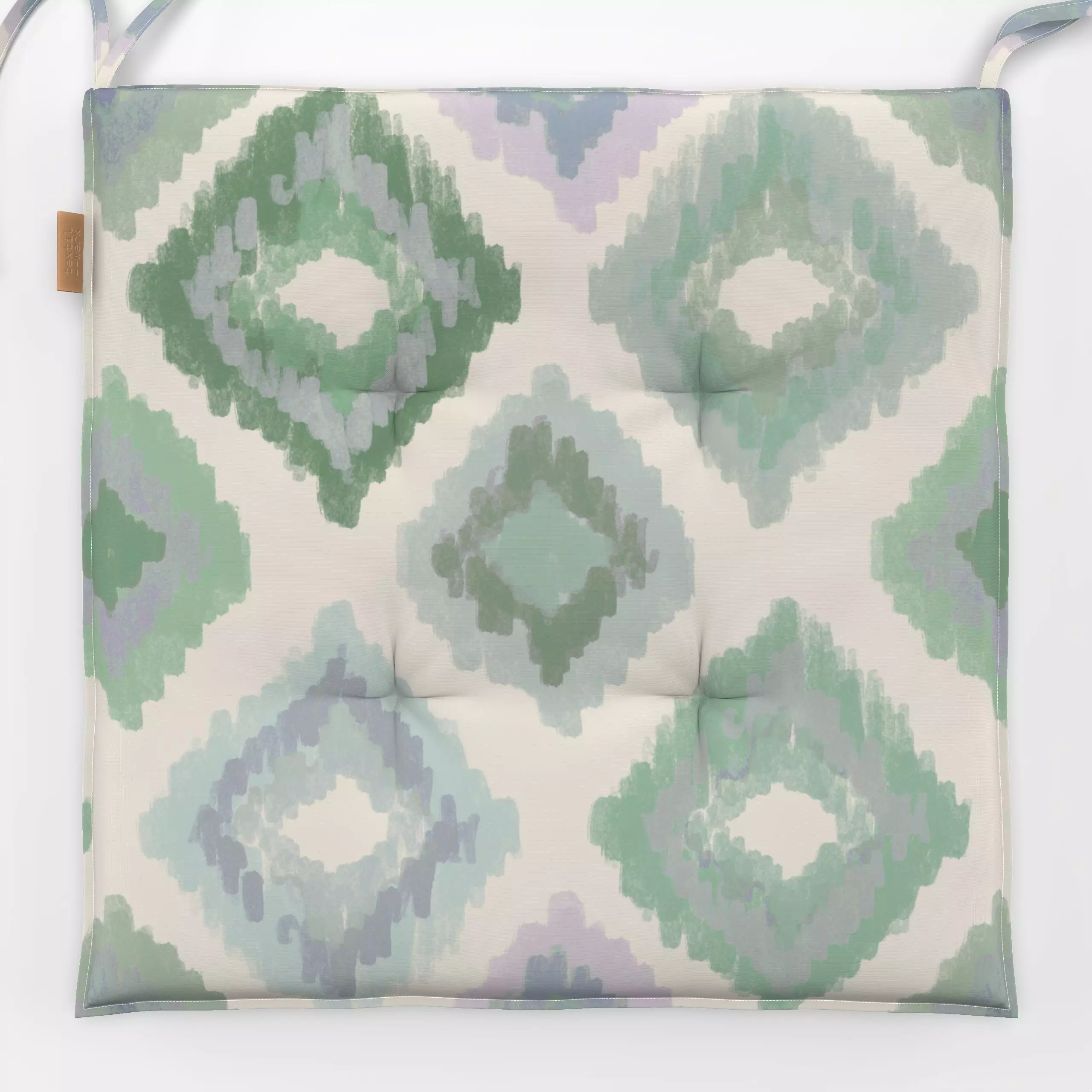 Sitzkissen ETHNO RAUTE Grün - Symbole & Muster - von „Kruth Design"; Garten, Sommer, bunt, outdoor, ikat, Gartendeko, kruthd...