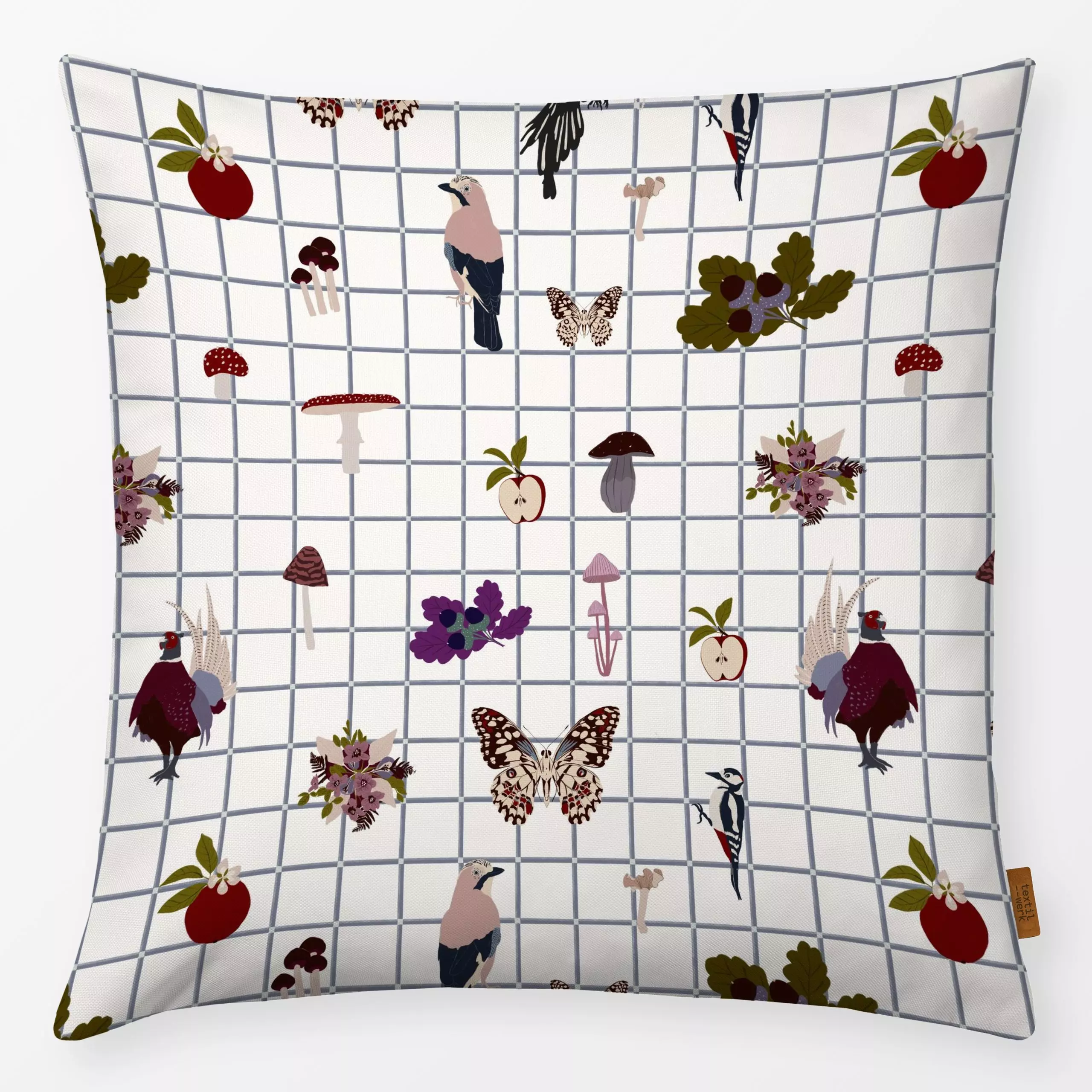 Kissen Herbst Pattern kariert - Herbst - von „Sophie Augustin Illustration"; Illustration, Vogel, Schmetterling, Herbst, Wal...