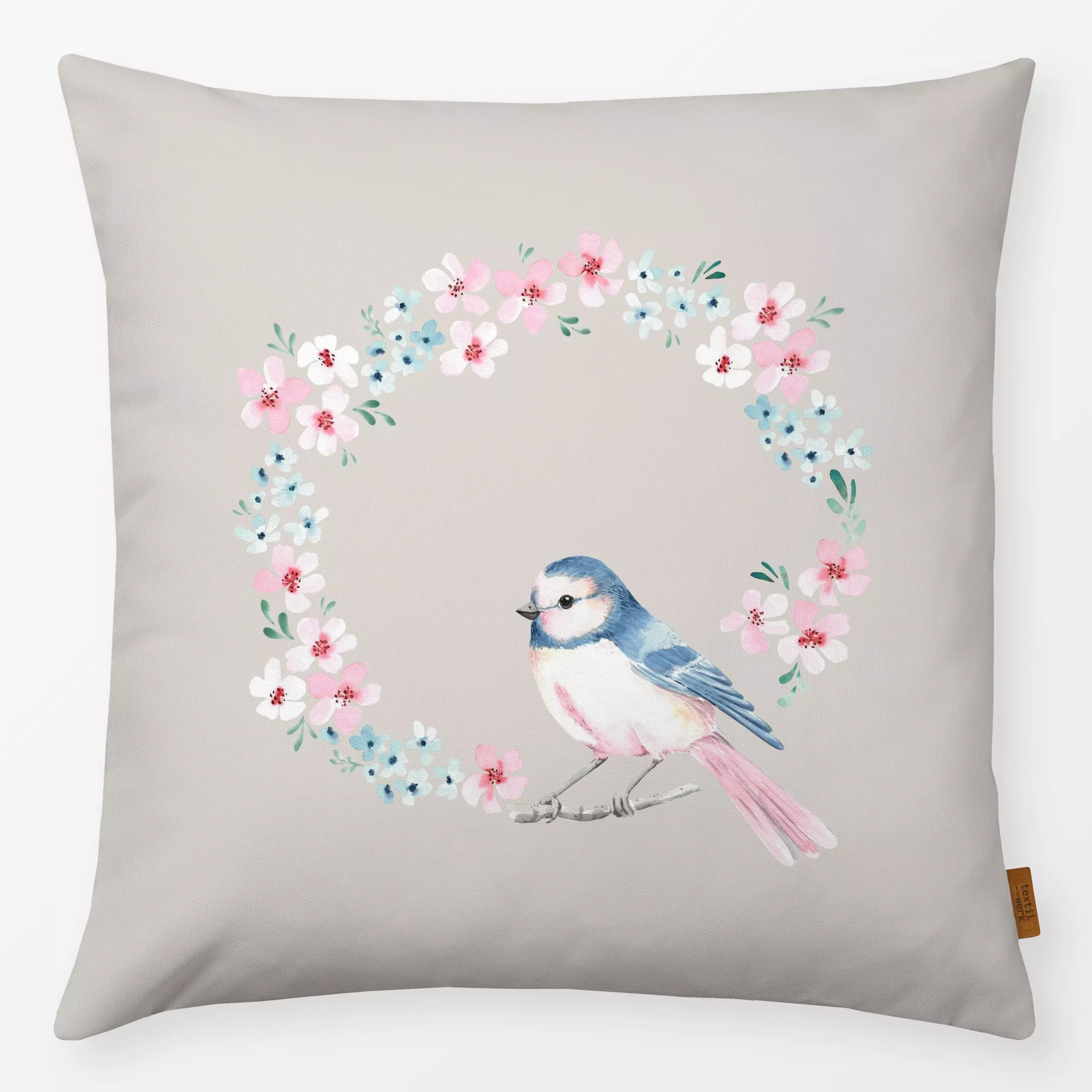 Kissen Blumenkranz Vogel beige - Frühling, Tiere, Ostern - von „Katrin Graff"; Eisvogel, verspielt, kranz, spring, Blumenkre...