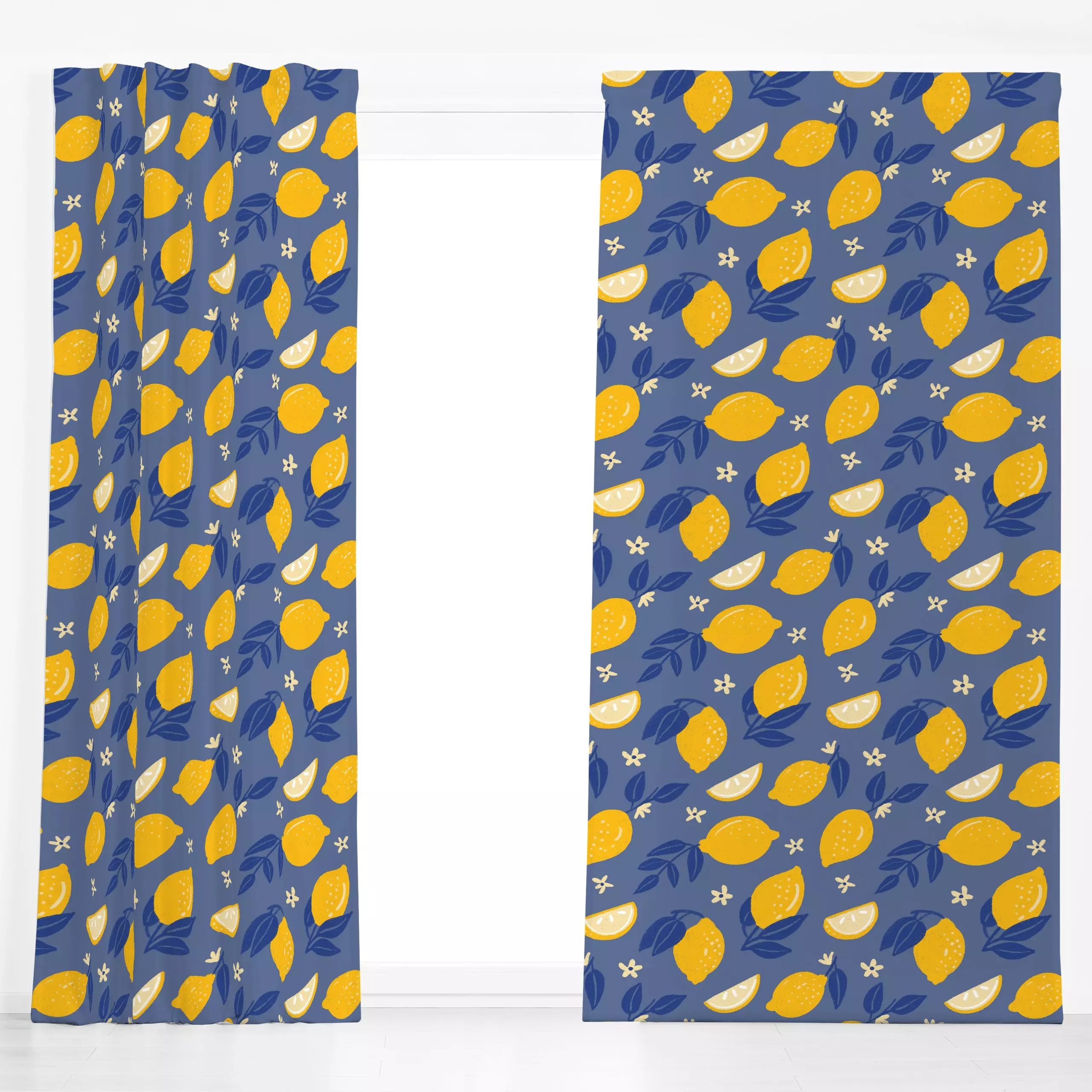 Dekovorhang Amalfi Zitrone Gelb Blau - Sommer, Küche, Essen & Trinken, Früchte - von „Mareen Heinz“; Frucht, Obst, Muster, Z...