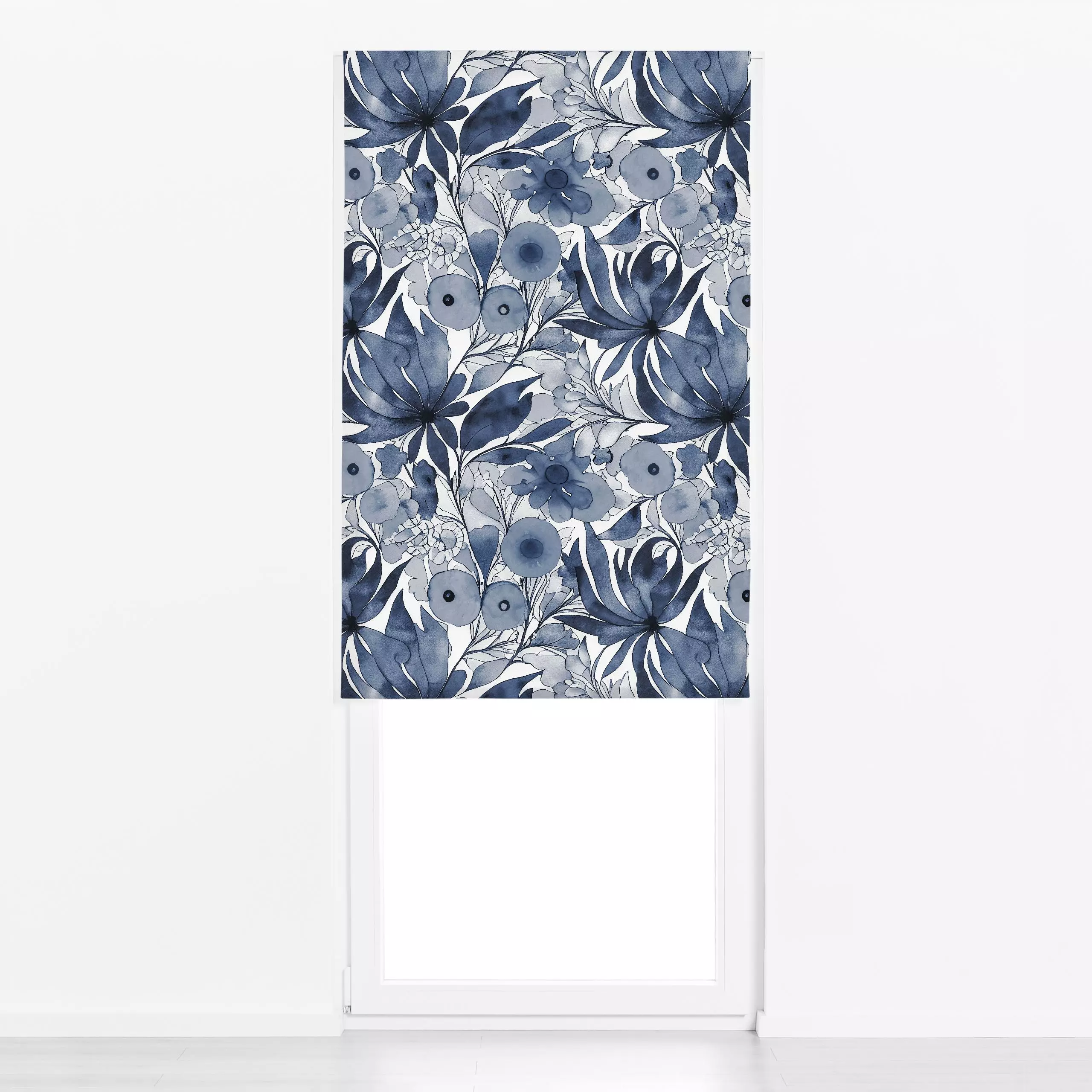 Raffrollo Fancy Flower Fun navy - Blumen & Florales, Pflanzen & Botanik - von „Andrea Haase"; Natur, abstrakt, Blätter, flor...