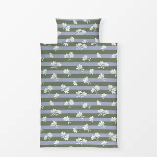 Bettwäsche Blüten gestreift blau grün