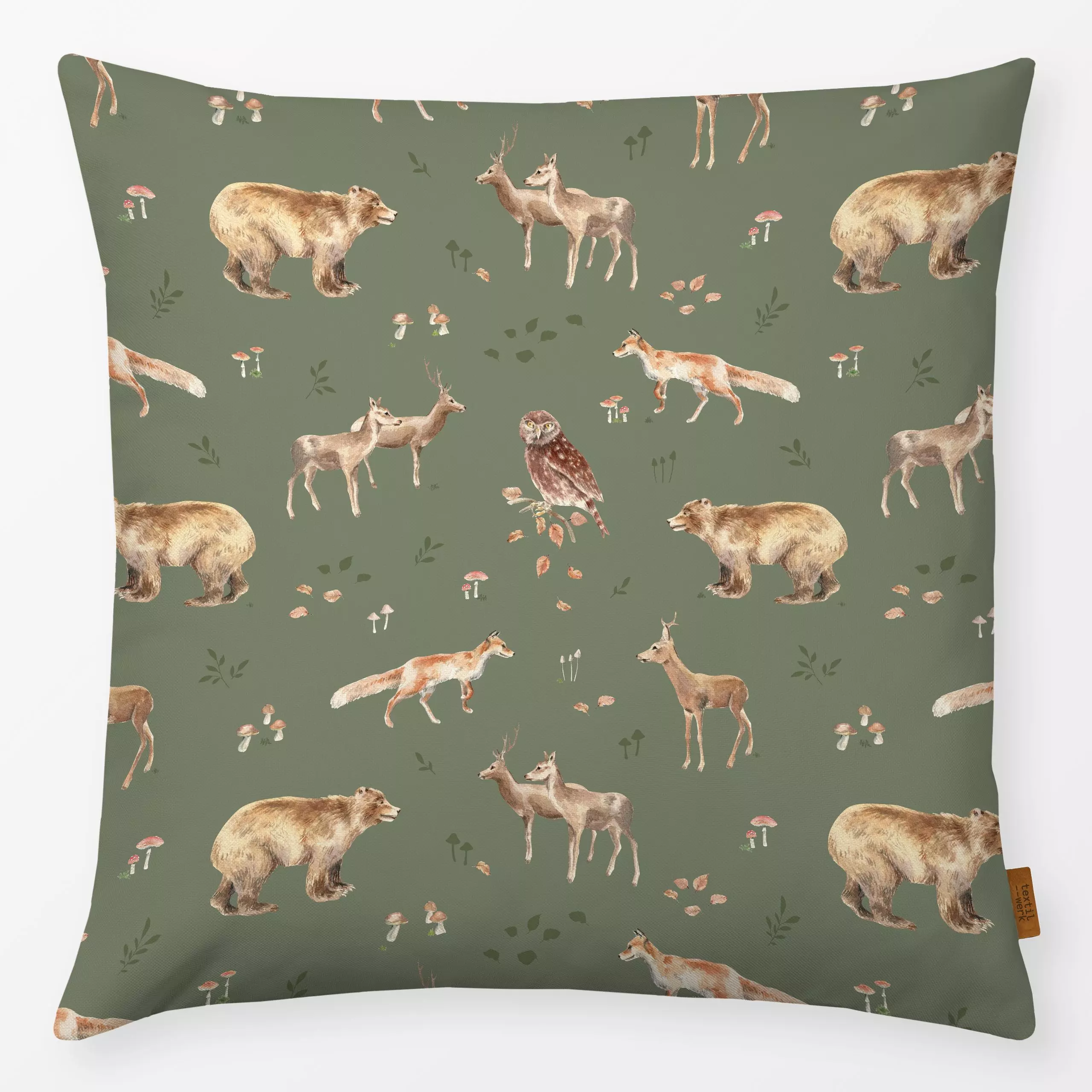 Kissen Waldtiere grün - Herbst, Natur & Landschaft, Tiere - von „Katrin Graff"; Wald, Fuchs, Eule, Bär, Herbst, Hirsch, Wald...
