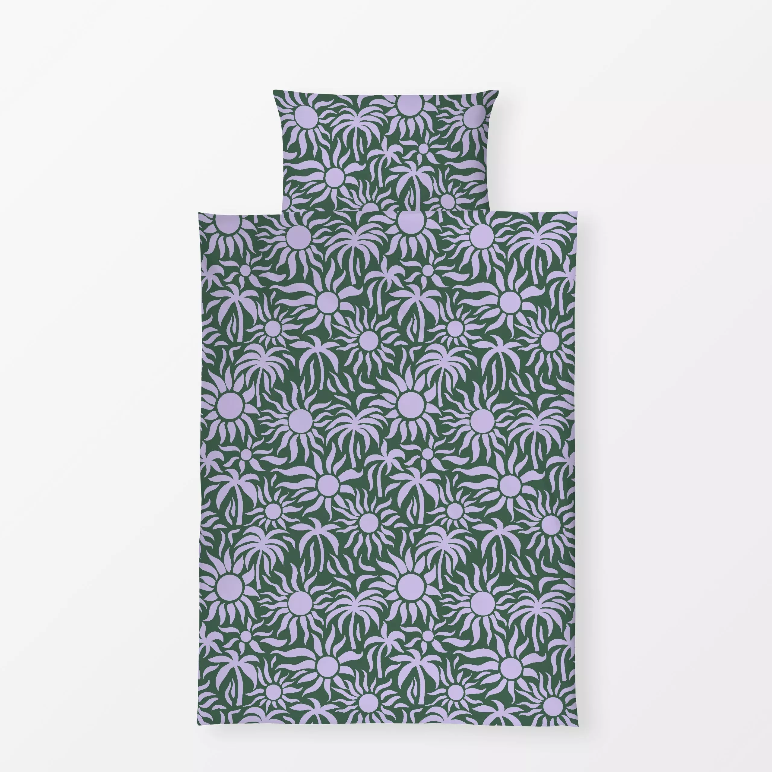 Bettwäsche Sonne und Palmen Lila Grün - Natur & Landschaft, Pflanzen & Botanik - von „Studio Kesse"; Palmen, Sonnenaufgang, ...