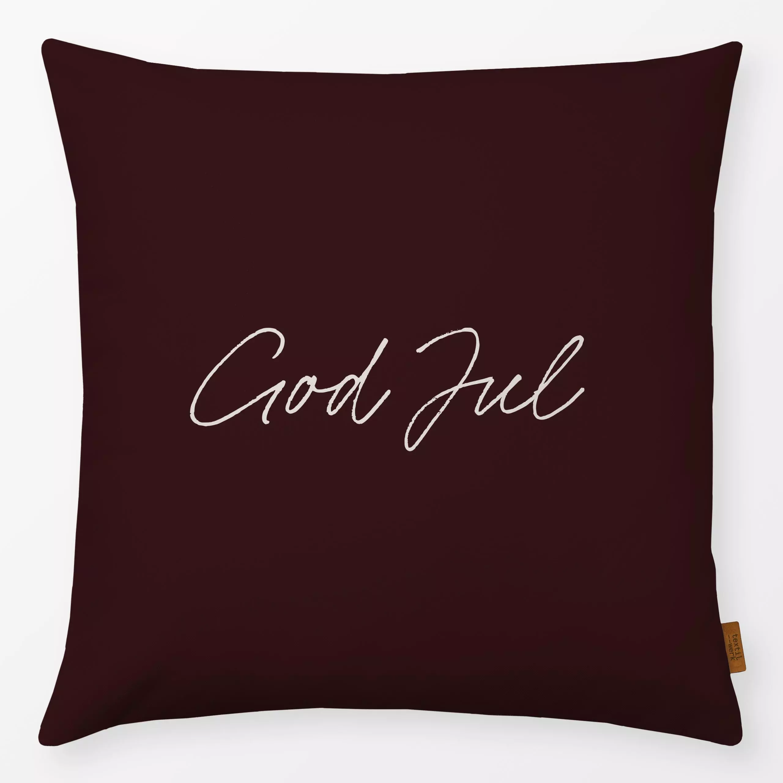 Kissen Mørkrød God Jul - Sprüche & Schriftzüge, Weihnachten - von „textilwerk x hejmelig"; Weihnachten, beige, rot, hejmelig...