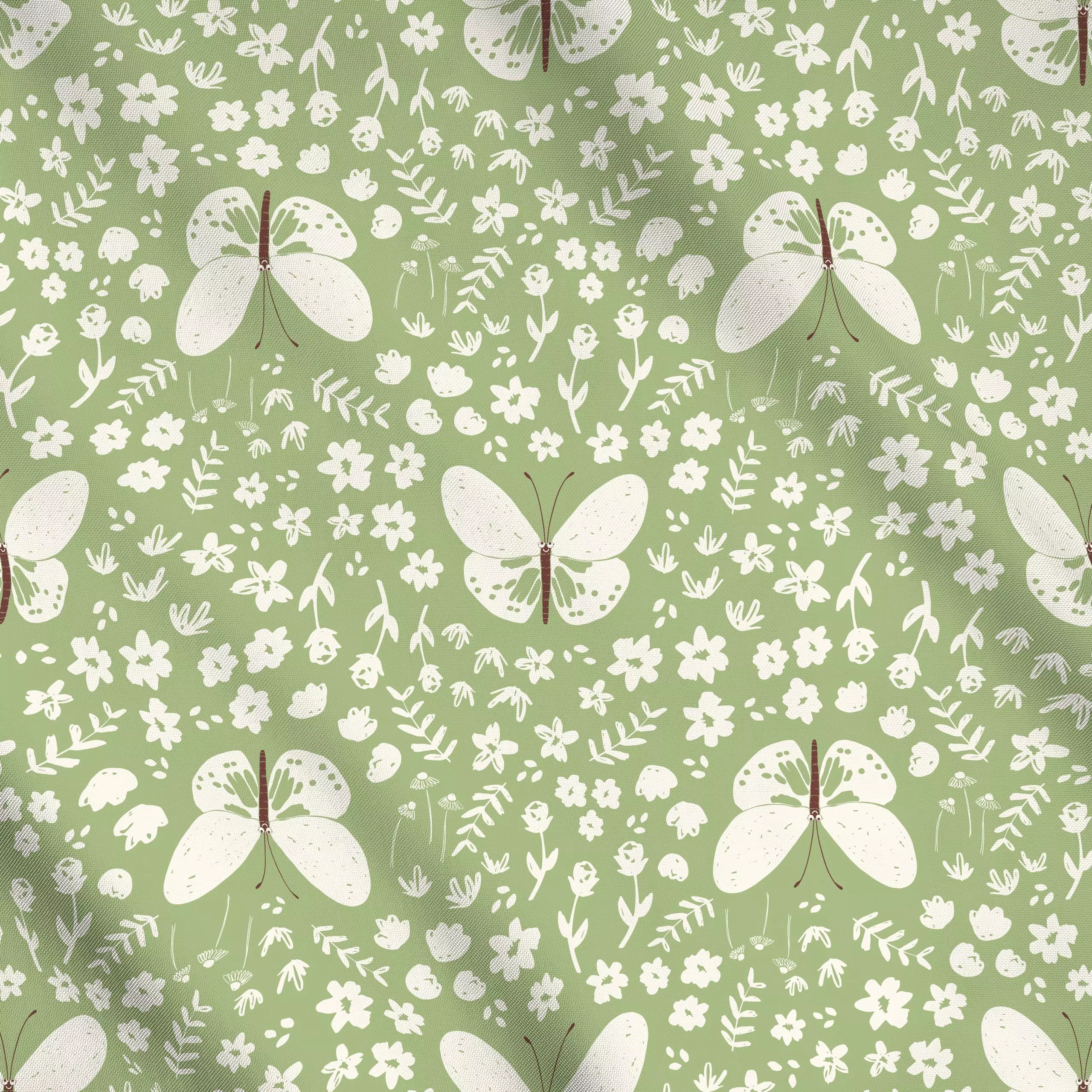 Meterware Schmetterling und Blumen gruen - Frühling, Tiere, Symbole & Muster - von „Kathrin Woo"; Muster, Kinder, abstrakt, ...