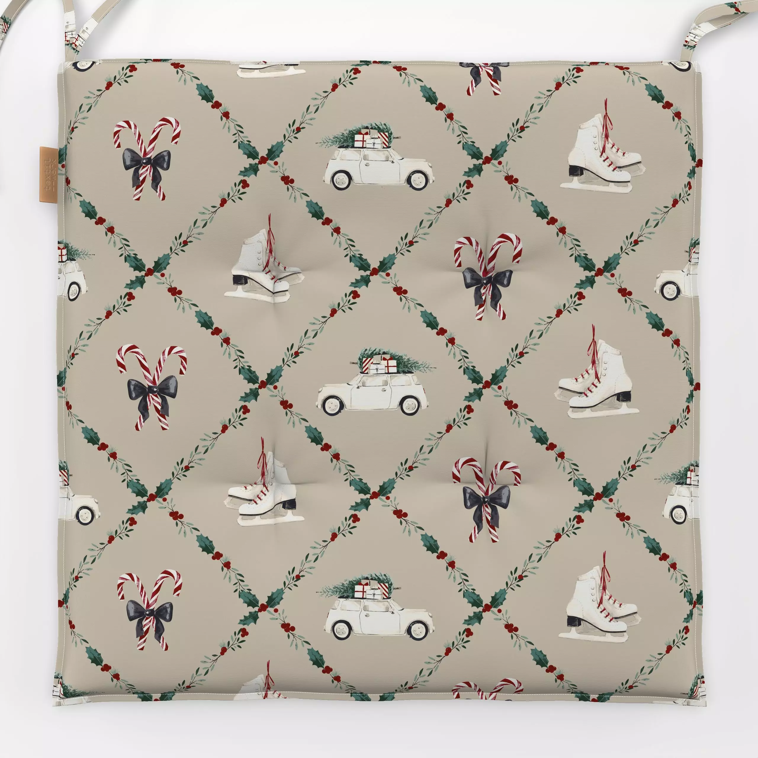 Sitzkissen Joys of Christmas fog - Weihnachten, Winter - von „Katrin Graff"; Schlittschuh, Auto, landhaus, Zuckerstangen, we...