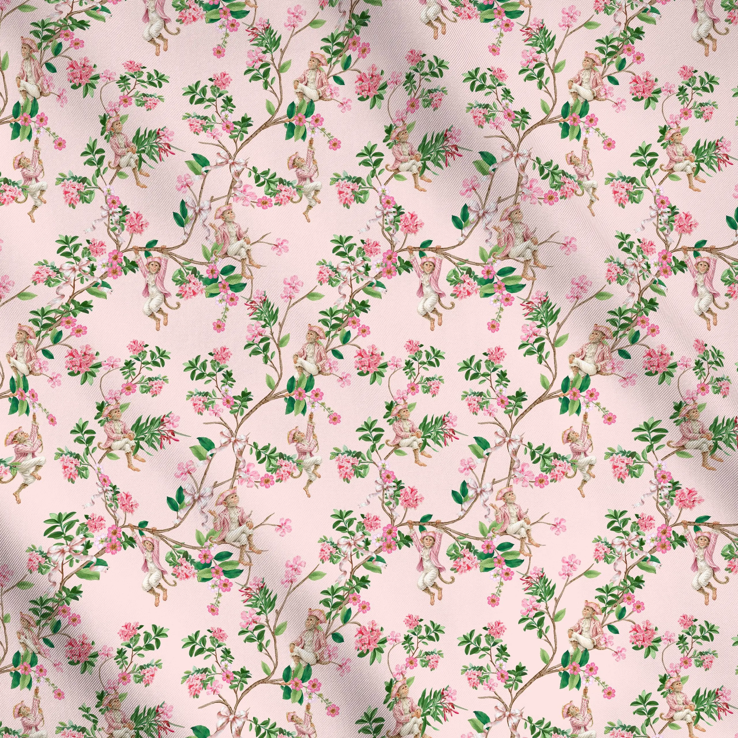 Meterware Rococo Affe Chinoiserie Pink, Blumen, Tiere, von Uta Naumann