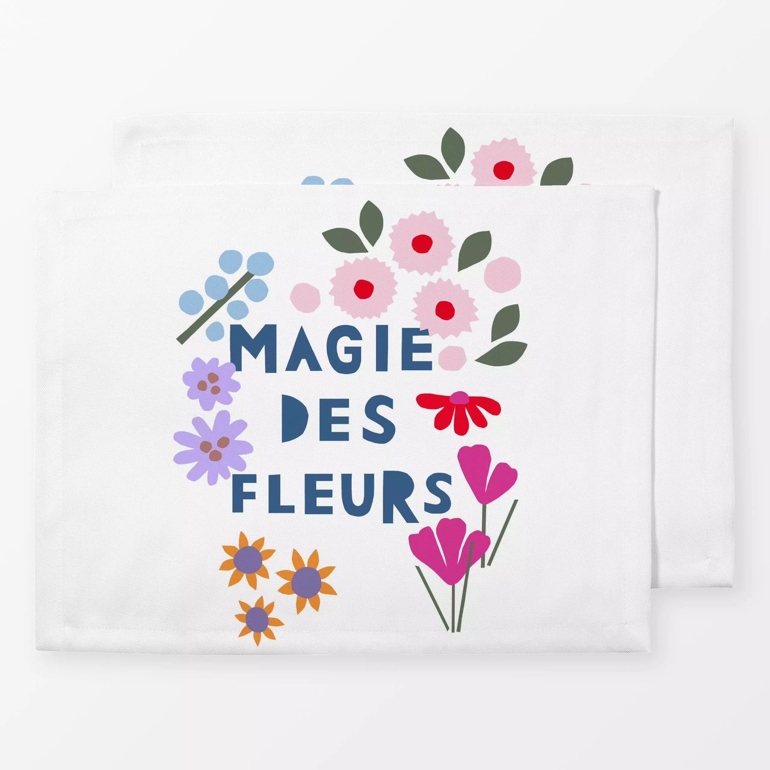 Tischset Magie des Fleurs weiß, Blumen, Spruch, Frühling, von Iris Knabenschuh Textildesign